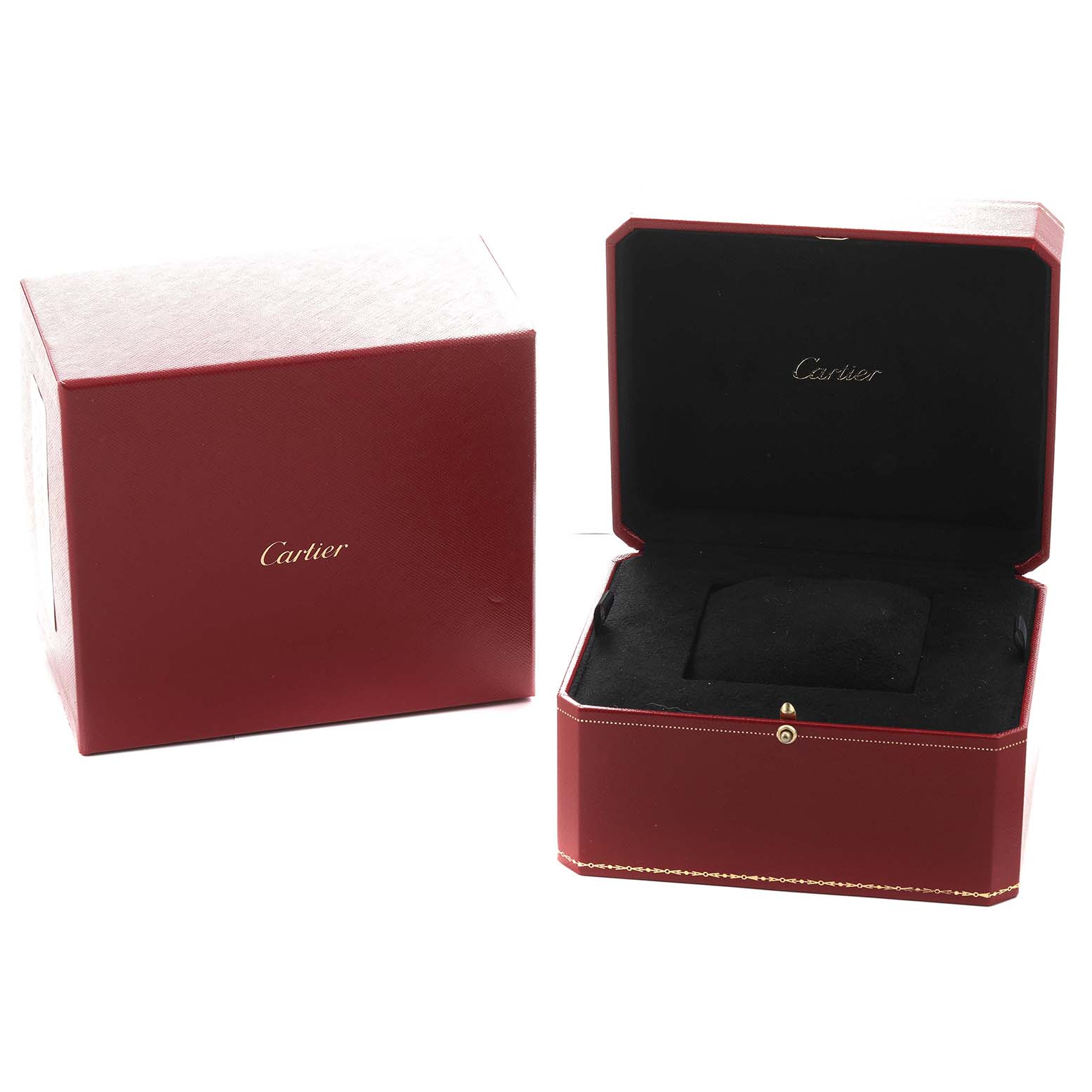 The image shows a Cartier Tank Louis WGTA0190 Men's Yellow Gold Burgundy Dial watch's red presentation box and outer box, with the open inner box displaying the space for the watch.