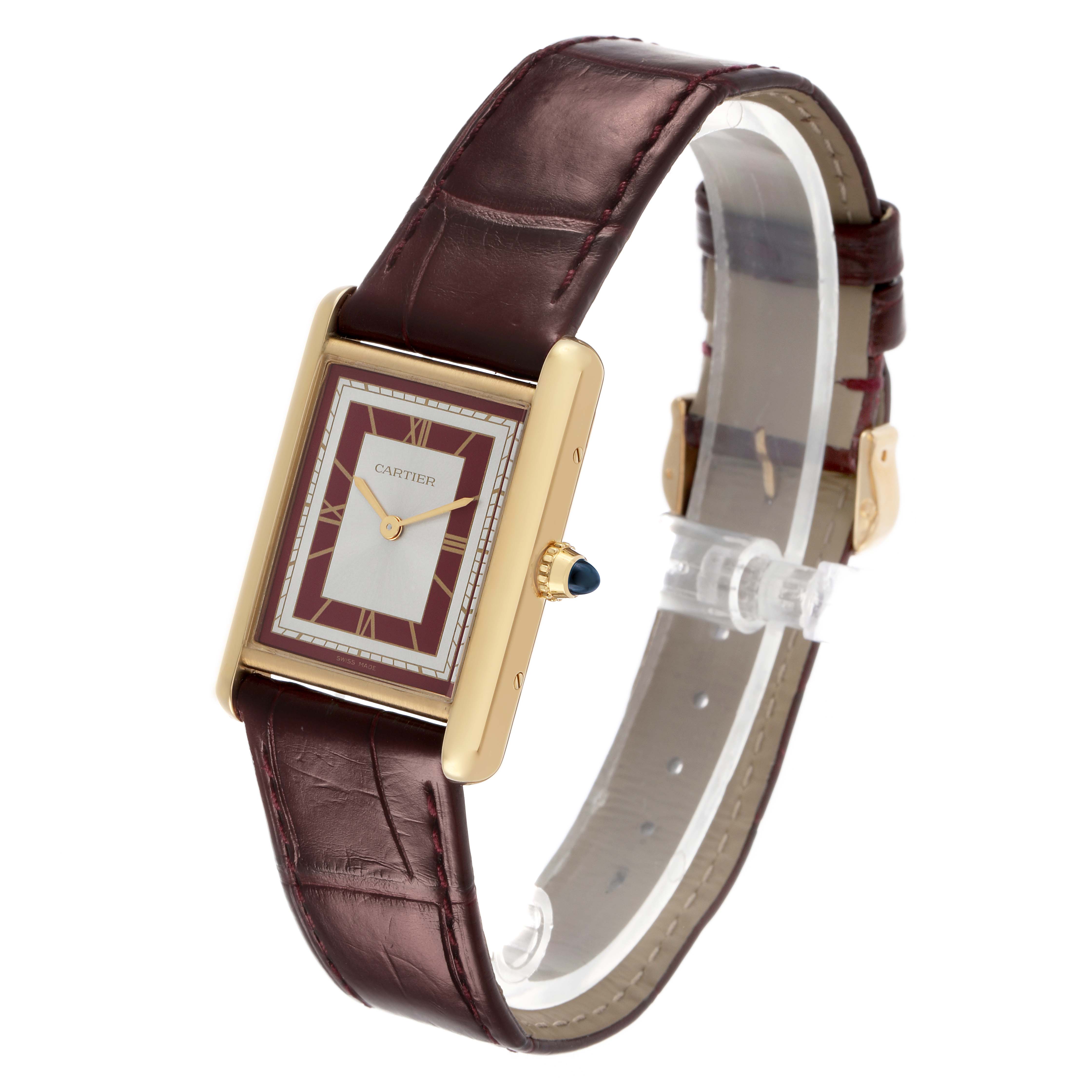 The Cartier Tank Louis WGTA0190 Men's Yellow Gold Burgundy Dial watch is shown at a slight angle, highlighting its rectangular case, dial, strap, and crown.