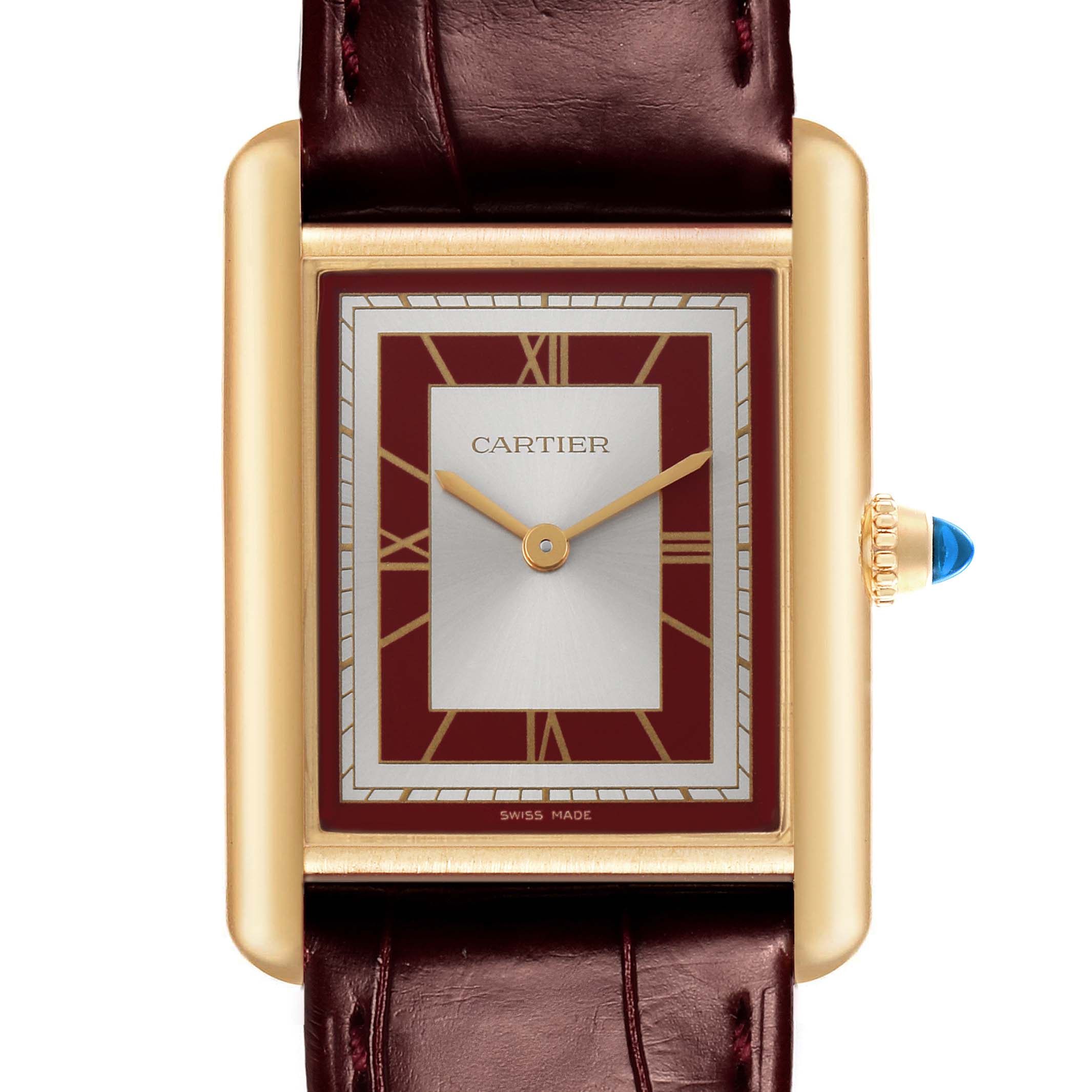 The Cartier Tank Louis WGTA0190 Men's Yellow Gold Burgundy Dial watch is shown from a top-down angle, highlighting the dial, case, strap, and crown with a blue cabochon.