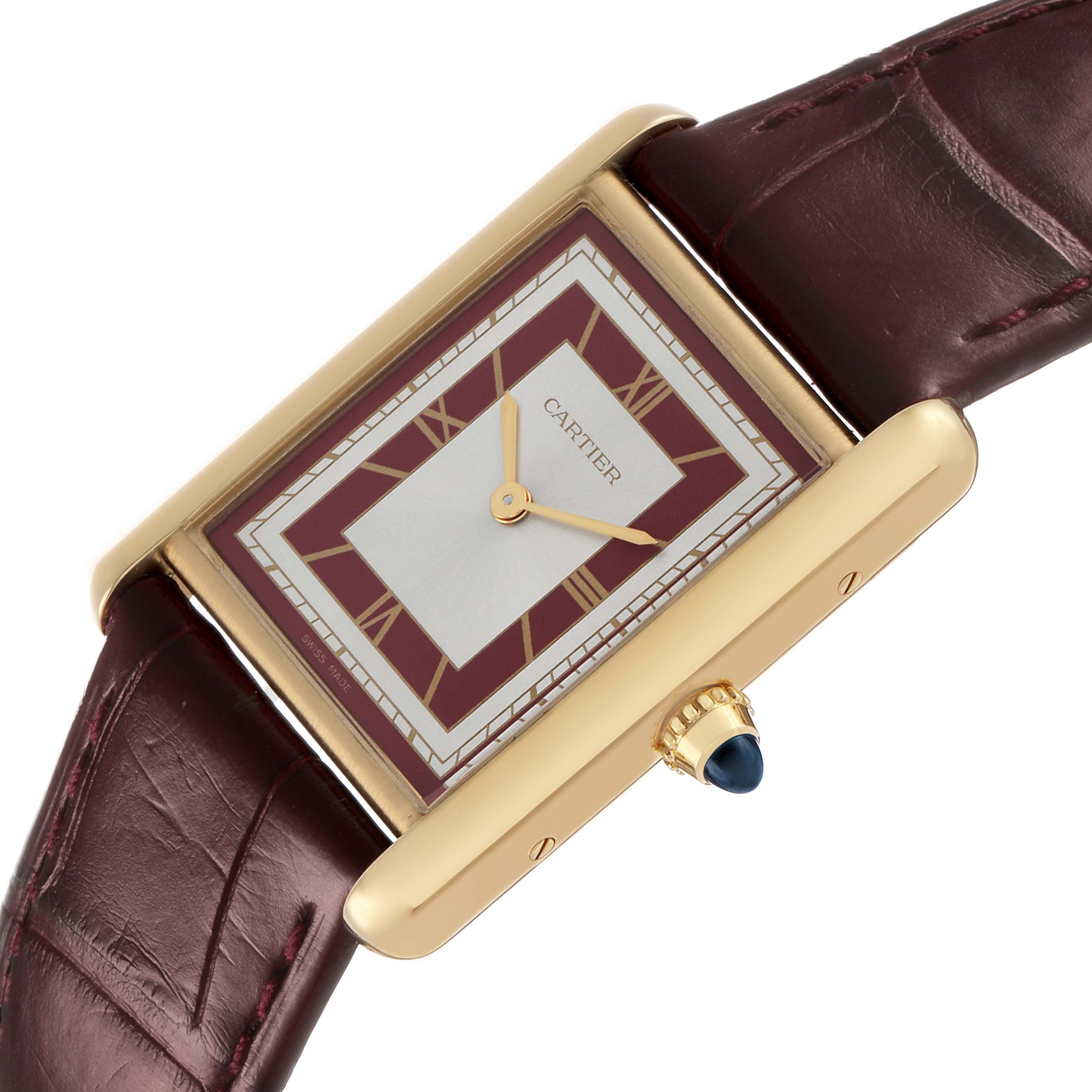 The Cartier Tank Louis WGTA0190 Men's Yellow Gold Burgundy Dial watch is shown at a slight angle highlighting its gold case, leather strap, rectangular dial, and crown.