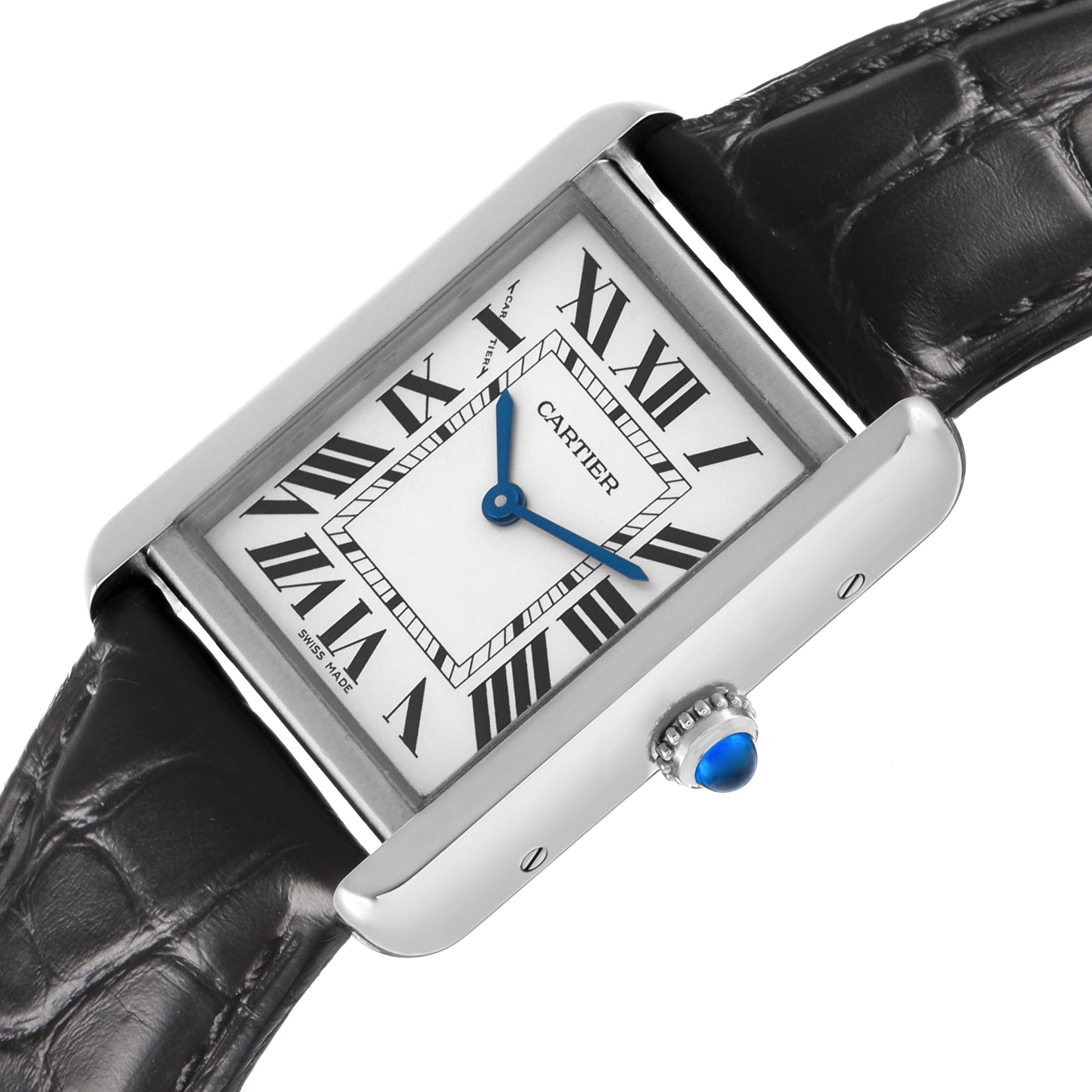 The Cartier Tank Solo W5200005 Women's Stainless Steel Silver Dial watch is shown at an angle highlighting the face, Roman numerals, blue hands, crown, and leather strap.