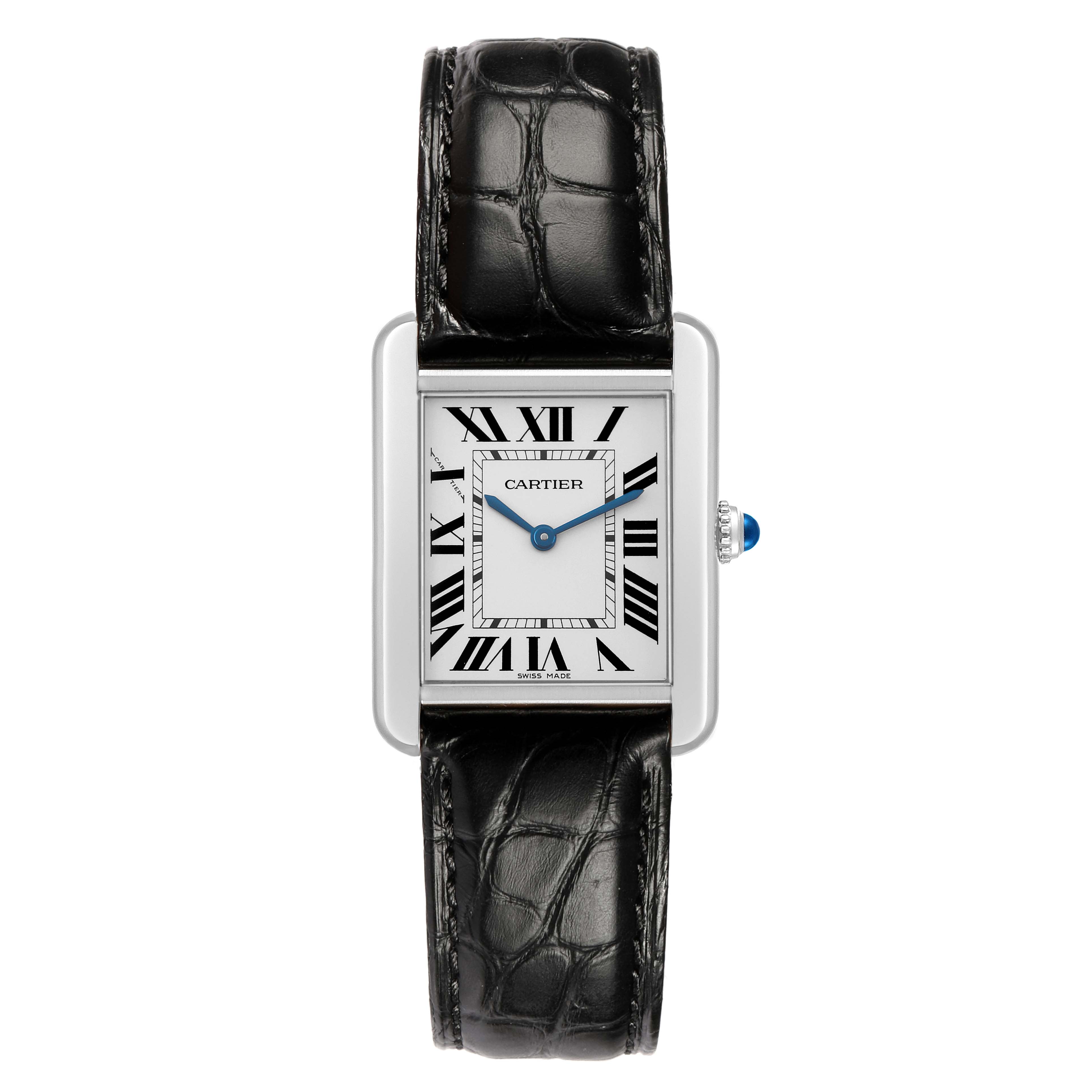 The Cartier Tank Solo W5200005 Women's Stainless Steel Silver Dial watch is shown from the front, displaying its face, roman numerals, and leather strap.