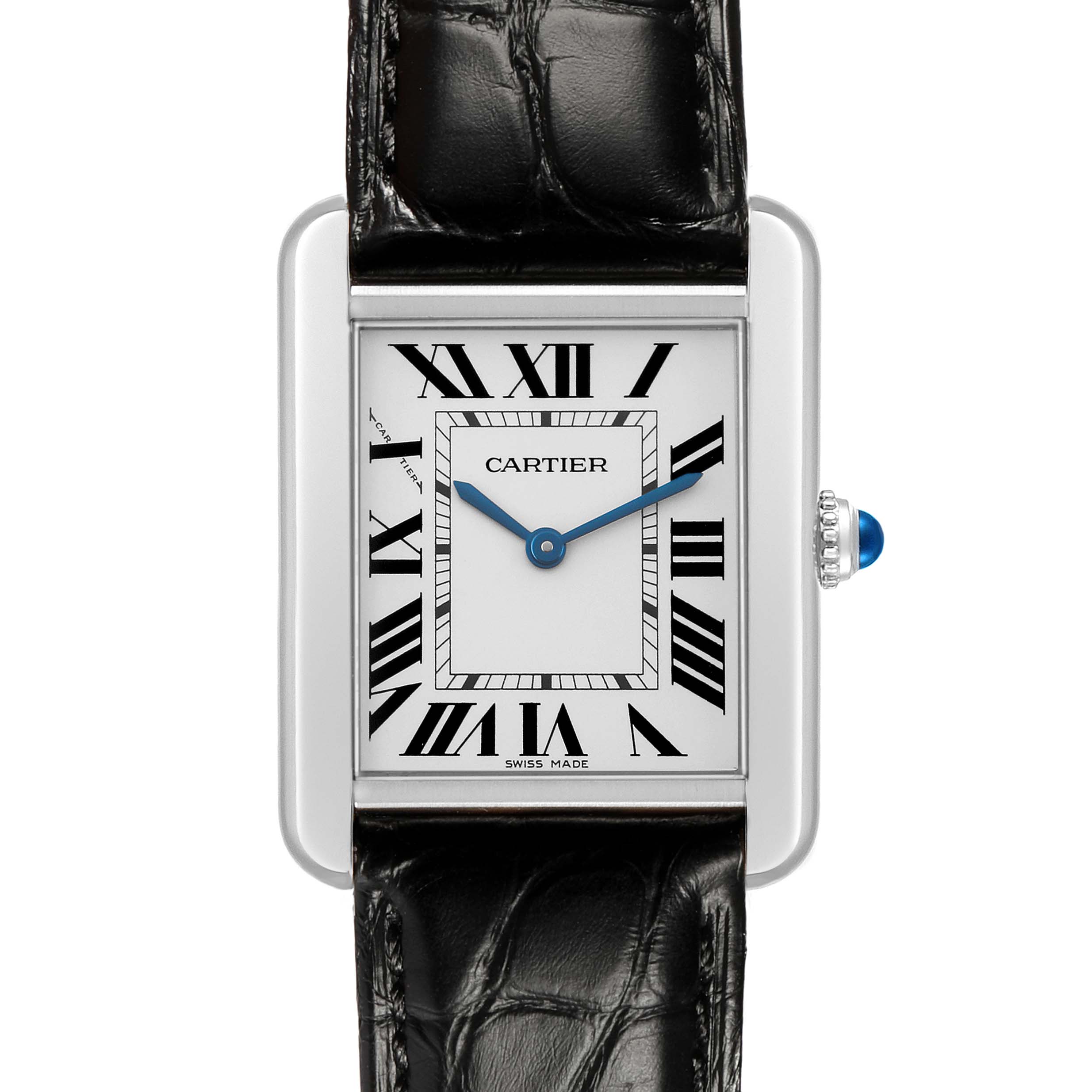 The Cartier Tank Solo W5200005 Women's Stainless Steel Silver Dial watch is shown from the front, displaying the dial, blue hands, Roman numerals, and black leather strap.