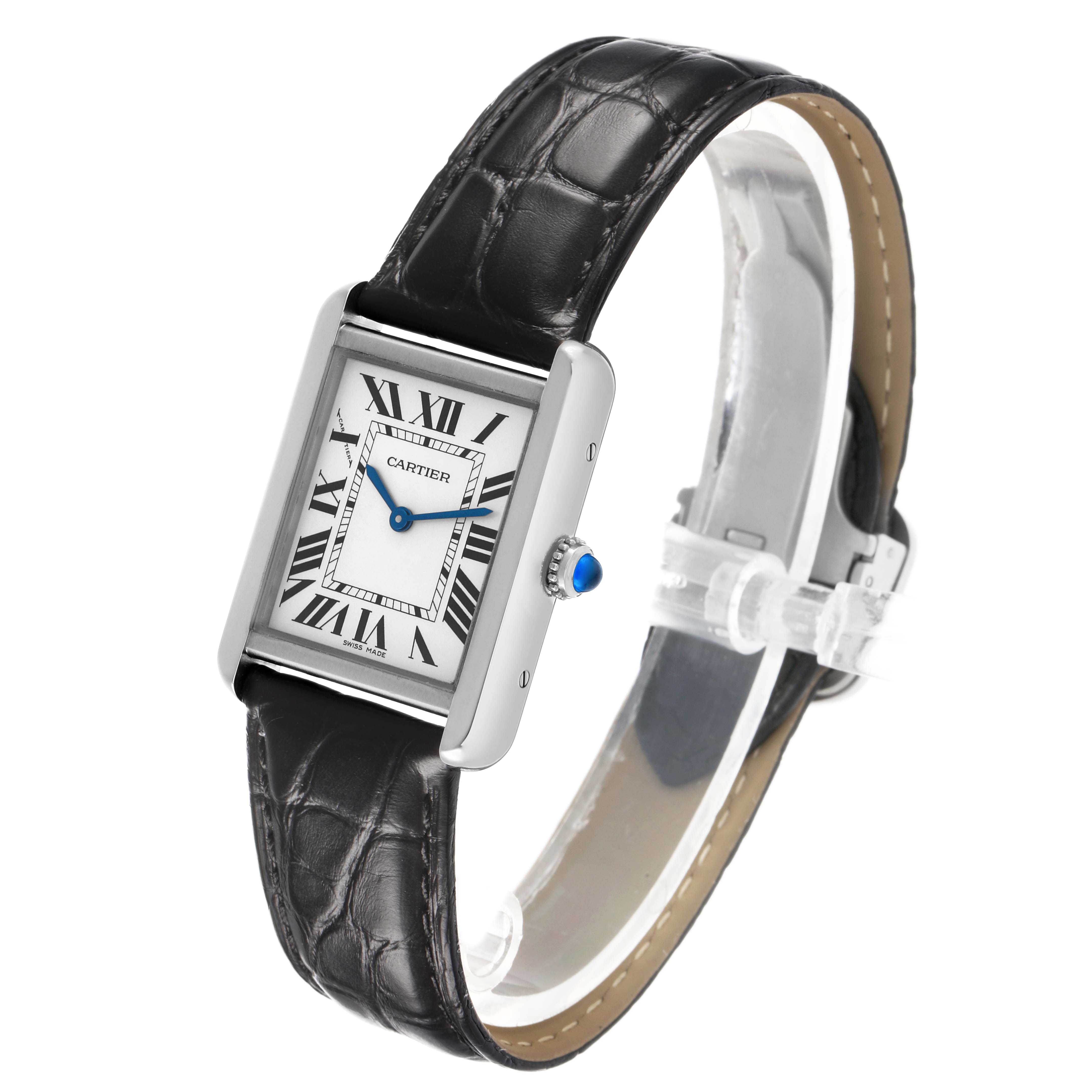 The Cartier Tank Solo W5200005 Women's Stainless Steel Silver Dial watch is shown at an angled side-view, highlighting the case, dial with Roman numerals, and leather strap.