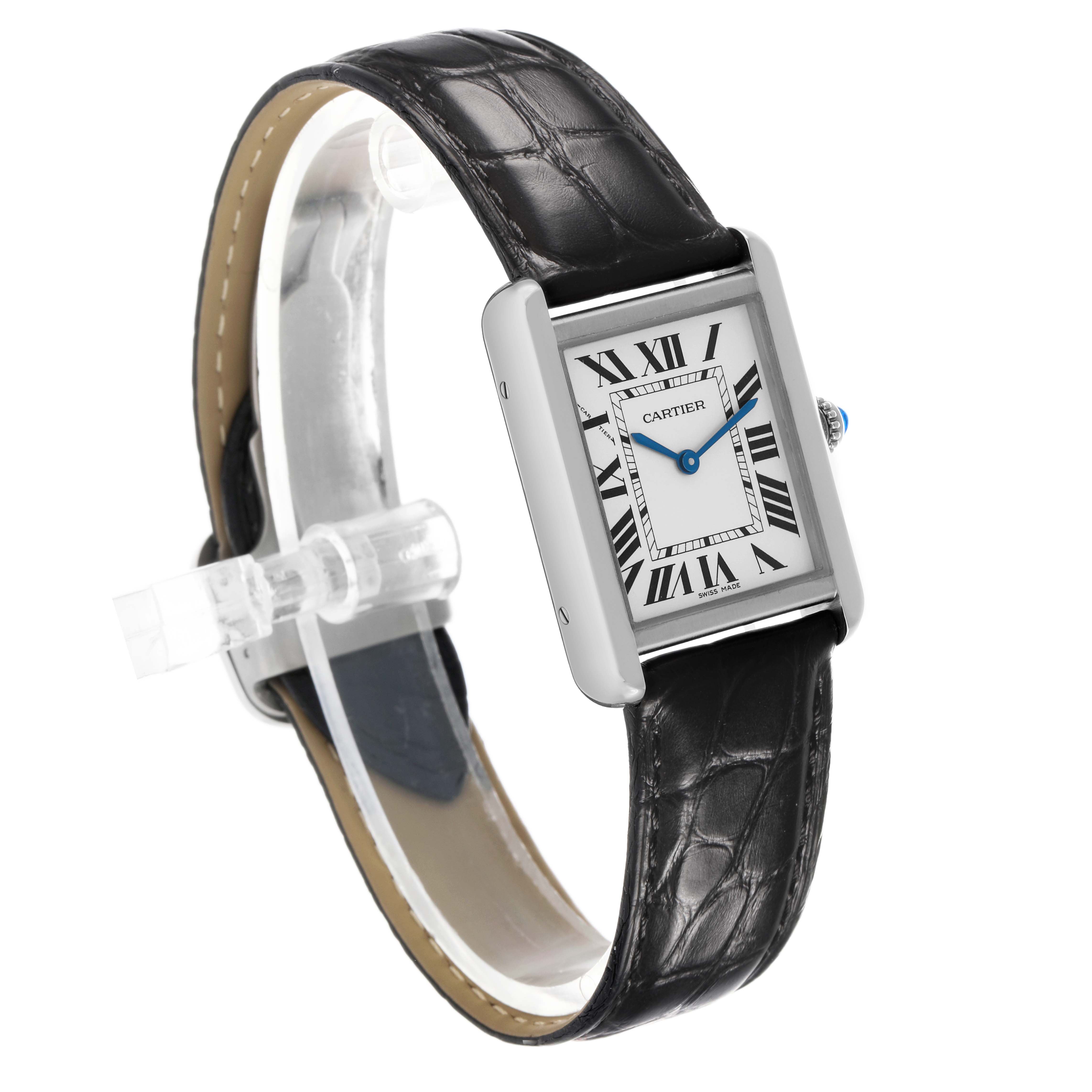 The Cartier Tank Solo W5200005 Women's Stainless Steel Silver Dial watch is shown at a slight angle, displaying the face, side profile, and black leather strap.