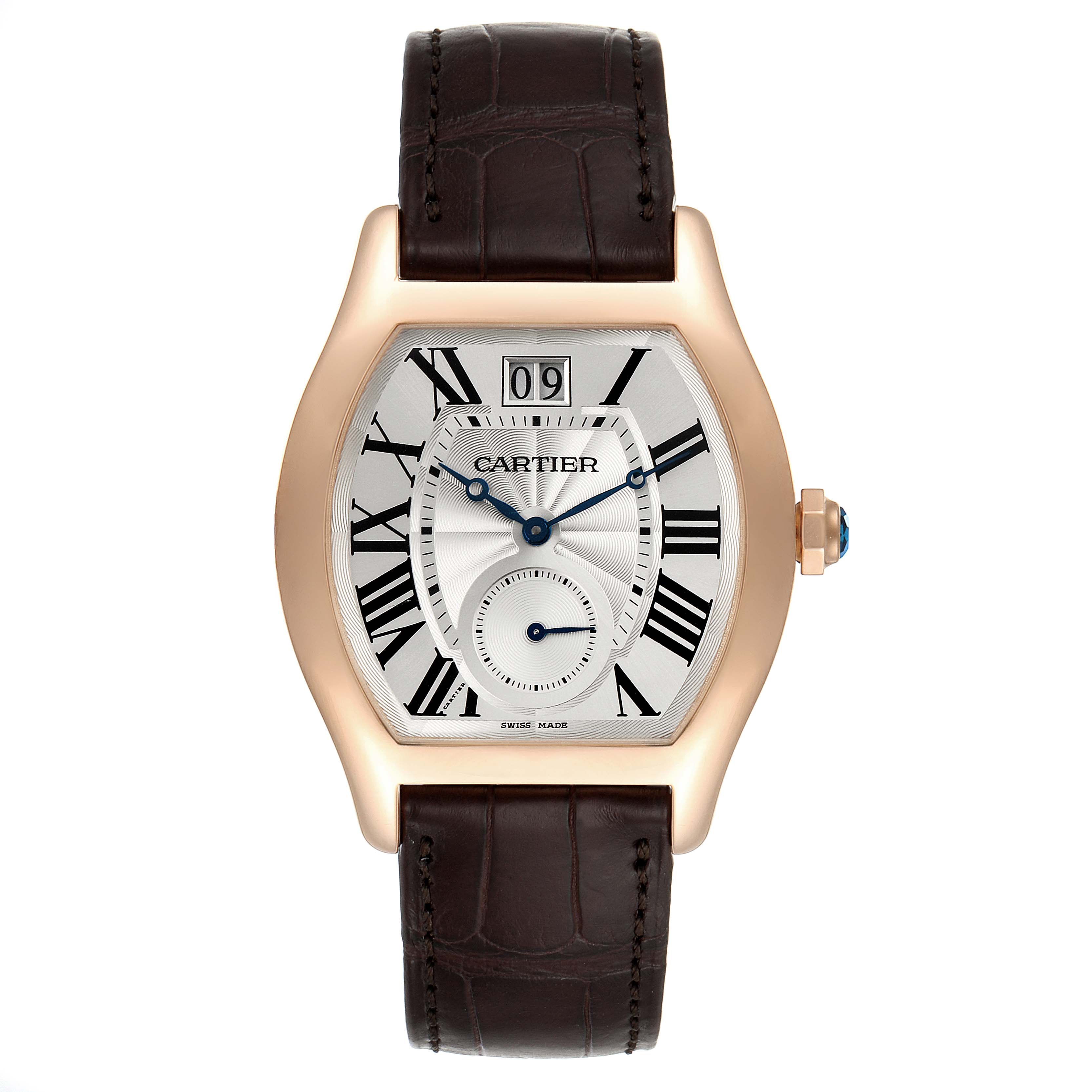 This image shows a front view of the Cartier Tortue W1556234 Men's Rose Gold Silver Dial W1556234 Men's Rose Gold Silver Dial model watch with a brown leather strap and Roman numeral dial.