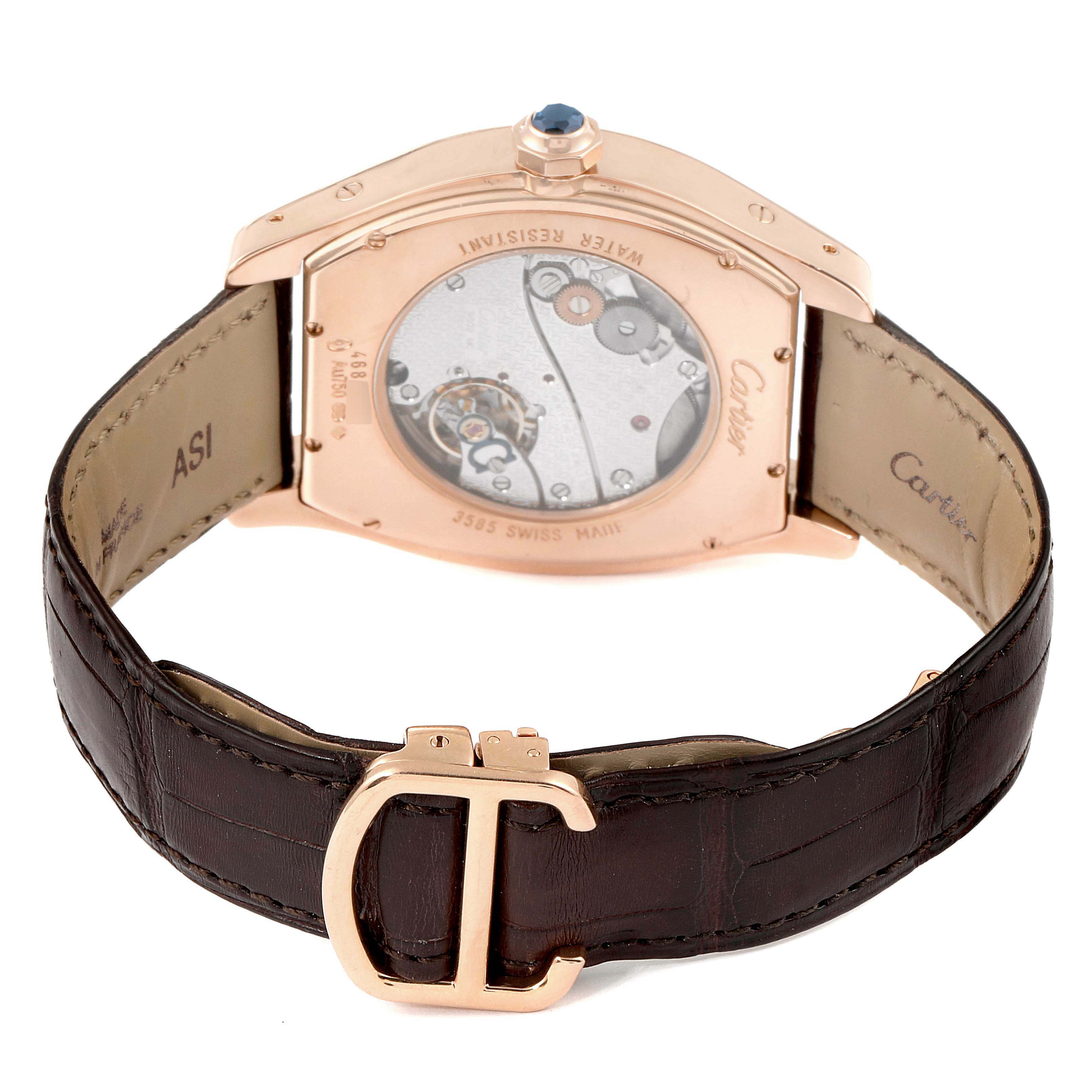 The image shows the back view of the Cartier Tortue W1556234 Men's Rose Gold Silver Dial W1556234 Men's Rose Gold Silver Dial watch, displaying its movement, case back, leather strap, and buckle.