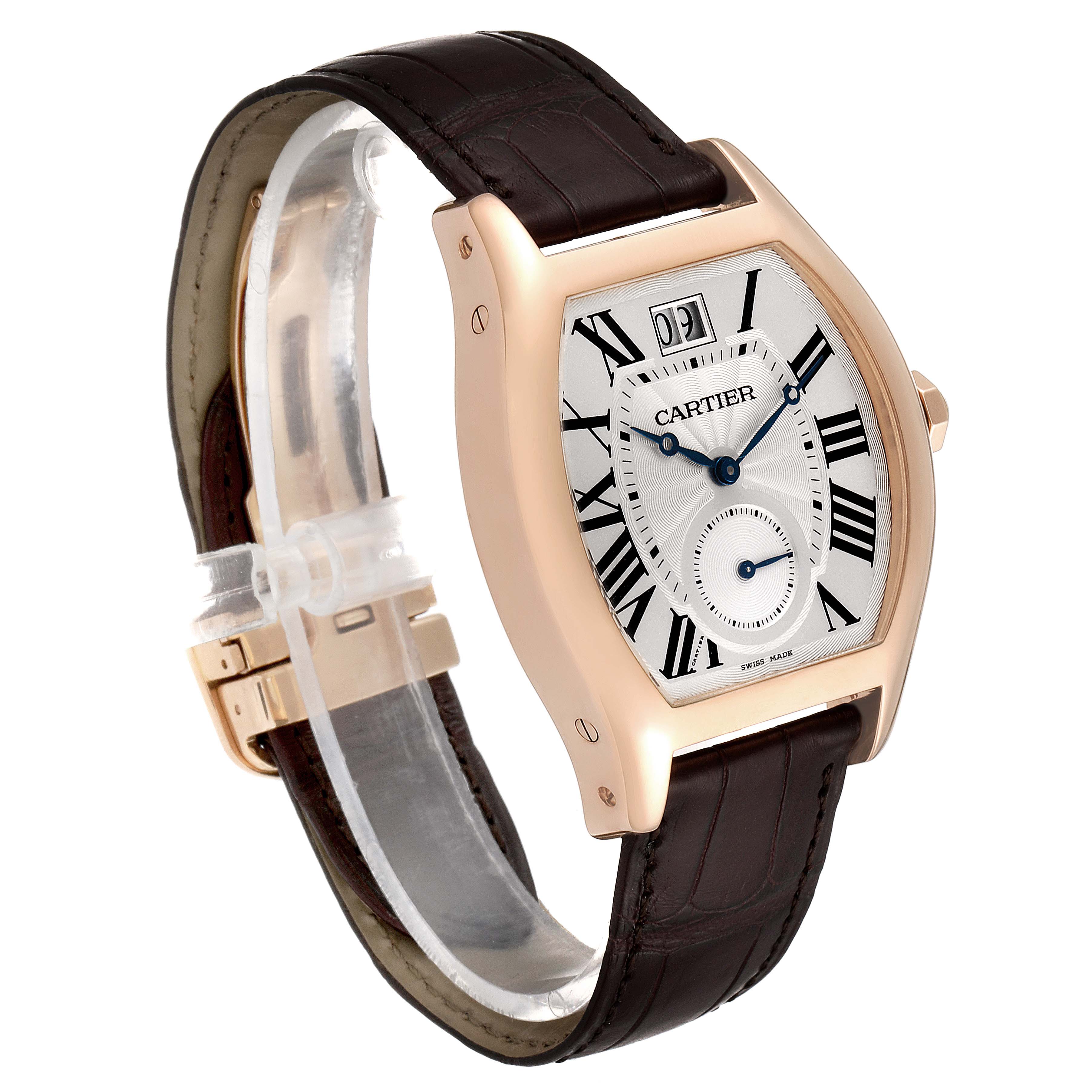 The image shows a Cartier Tortue W1556234 Men's Rose Gold Silver Dial W1556234 Men's Rose Gold Silver Dial watch at a three-quarter angle, displaying its face, strap, and side profile.