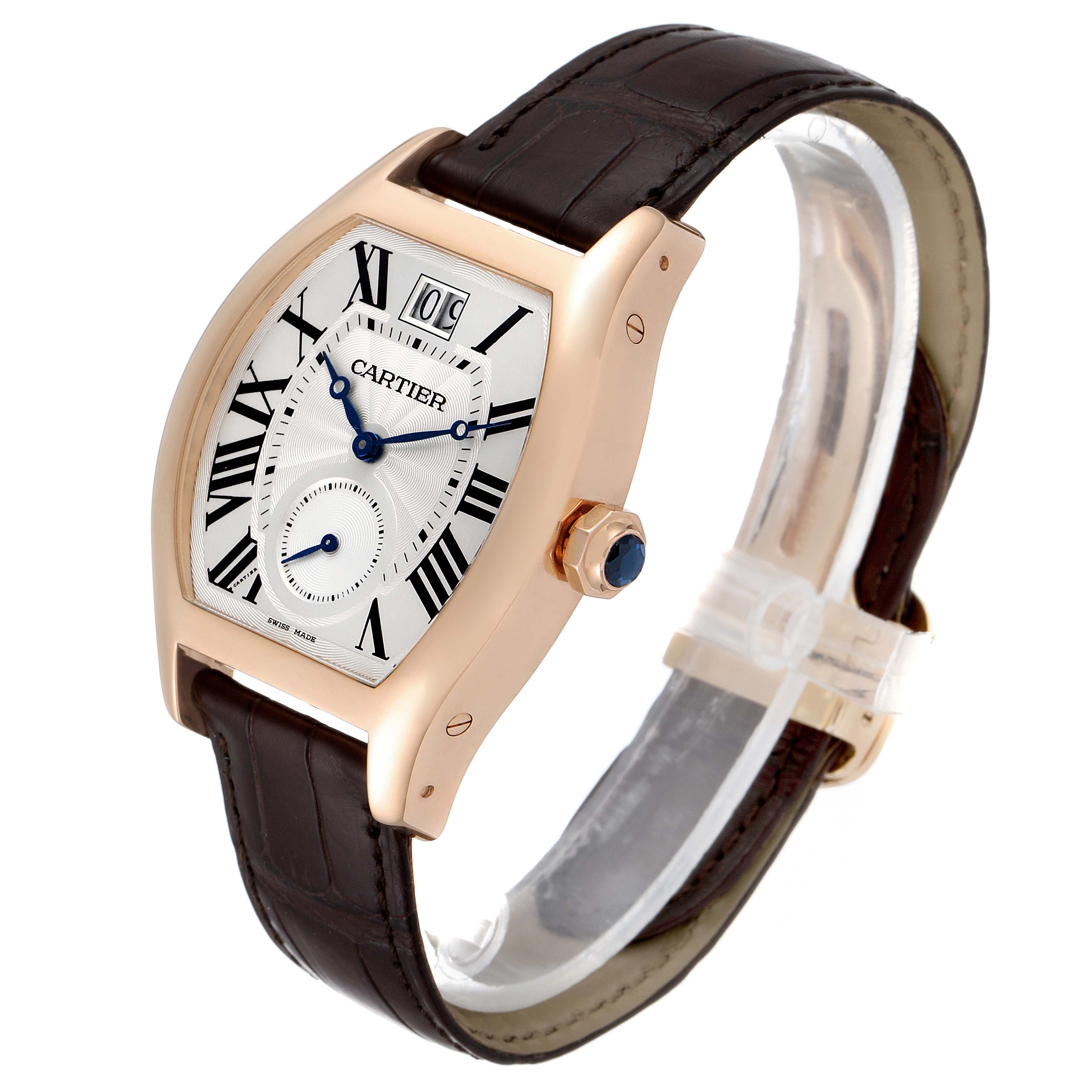 The Cartier Tortue W1556234 Men's Rose Gold Silver Dial W1556234 Men's Rose Gold Silver Dial watch shows a close-up of the dial, crown, and leather strap from a three-quarter angle.