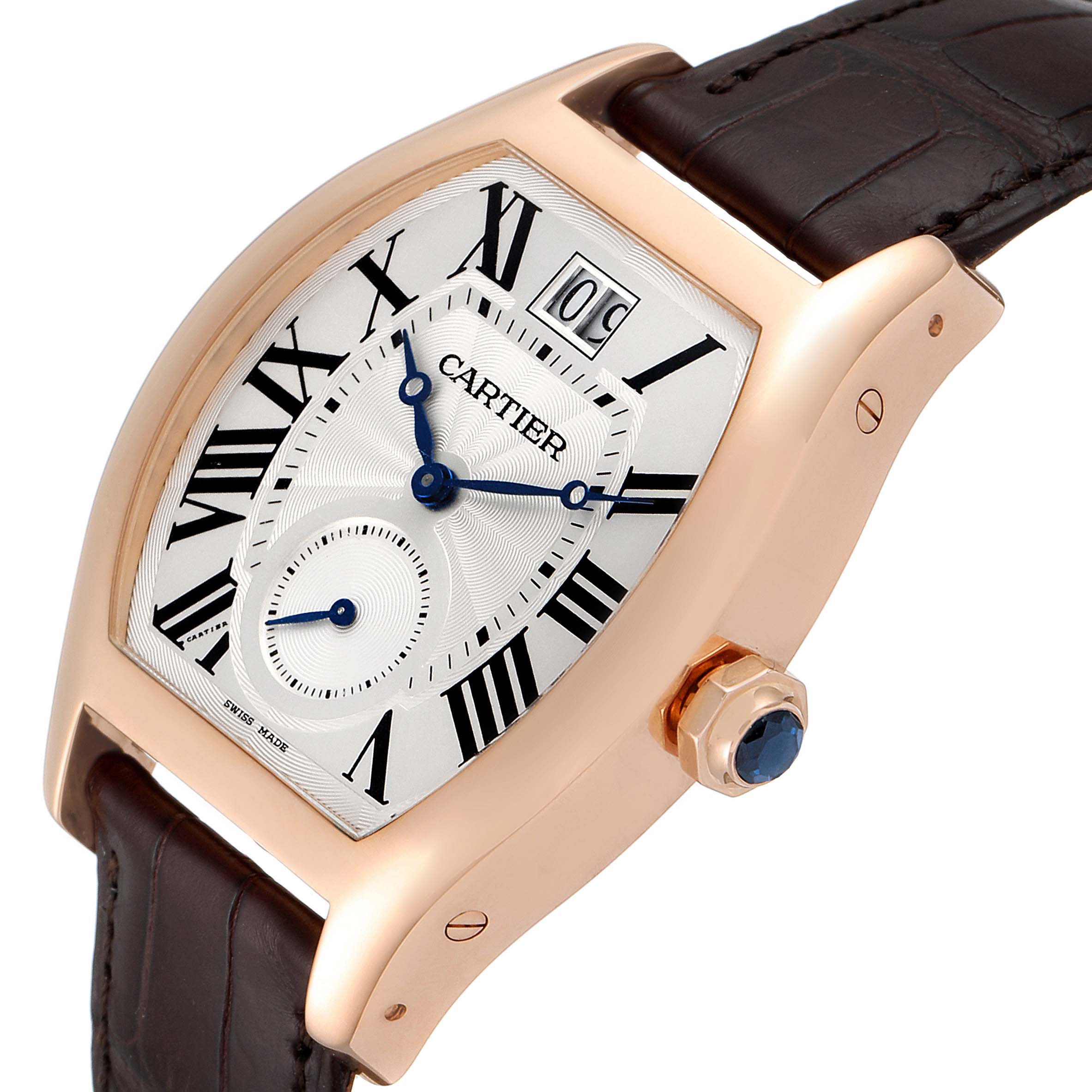 The Cartier Tortue W1556234 Men's Rose Gold Silver Dial W1556234 Men's Rose Gold Silver Dial watch is shown at an angled side view, displaying the dial, crown, case, and leather strap.