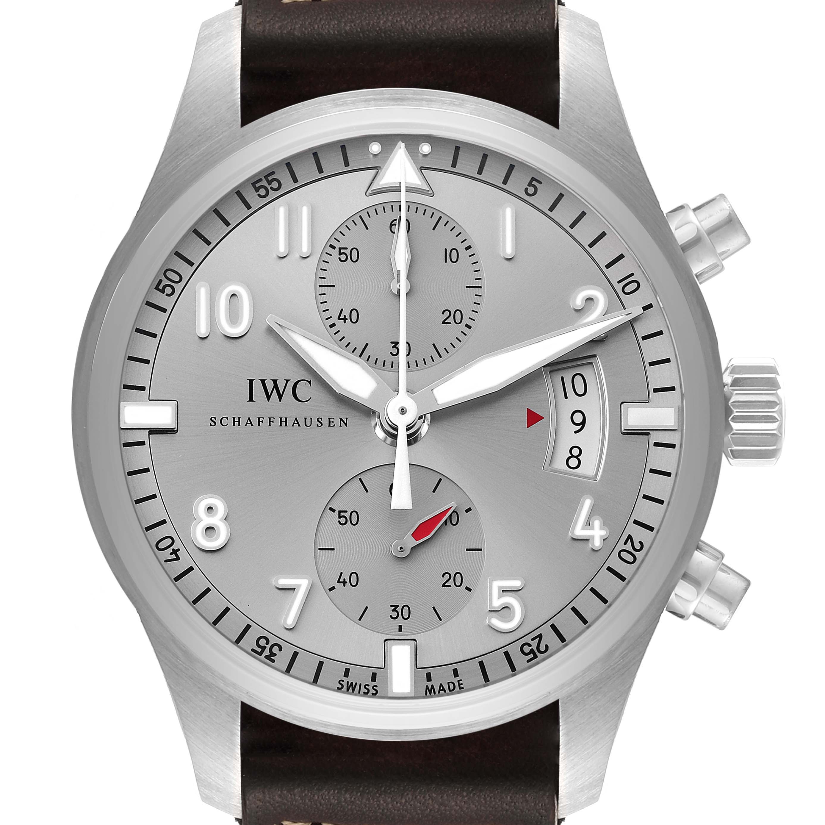 The image shows a front view of the IWC Pilot IW387809 Men's Stainless Steel Silver Dial IW387809 Men's Stainless Steel Silver Dial model watch, highlighting the face, dial, chronograph sub-dials, and crown.