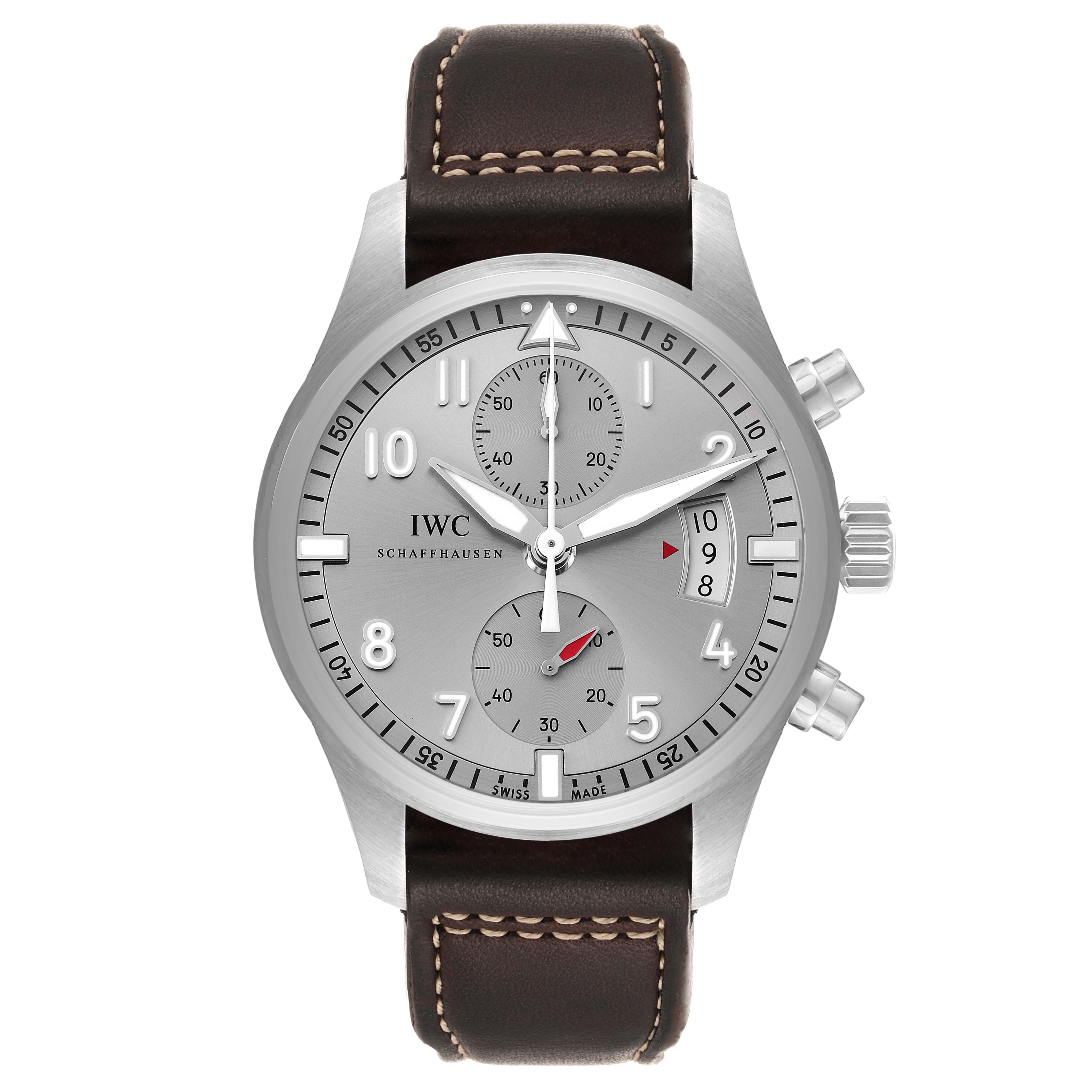 The IWC Pilot IW387809 Men's Stainless Steel Silver Dial IW387809 Men's Stainless Steel Silver Dial watch is shown in a front-facing angle, displaying its gray dial, chronograph sub-dials, and brown leather strap.