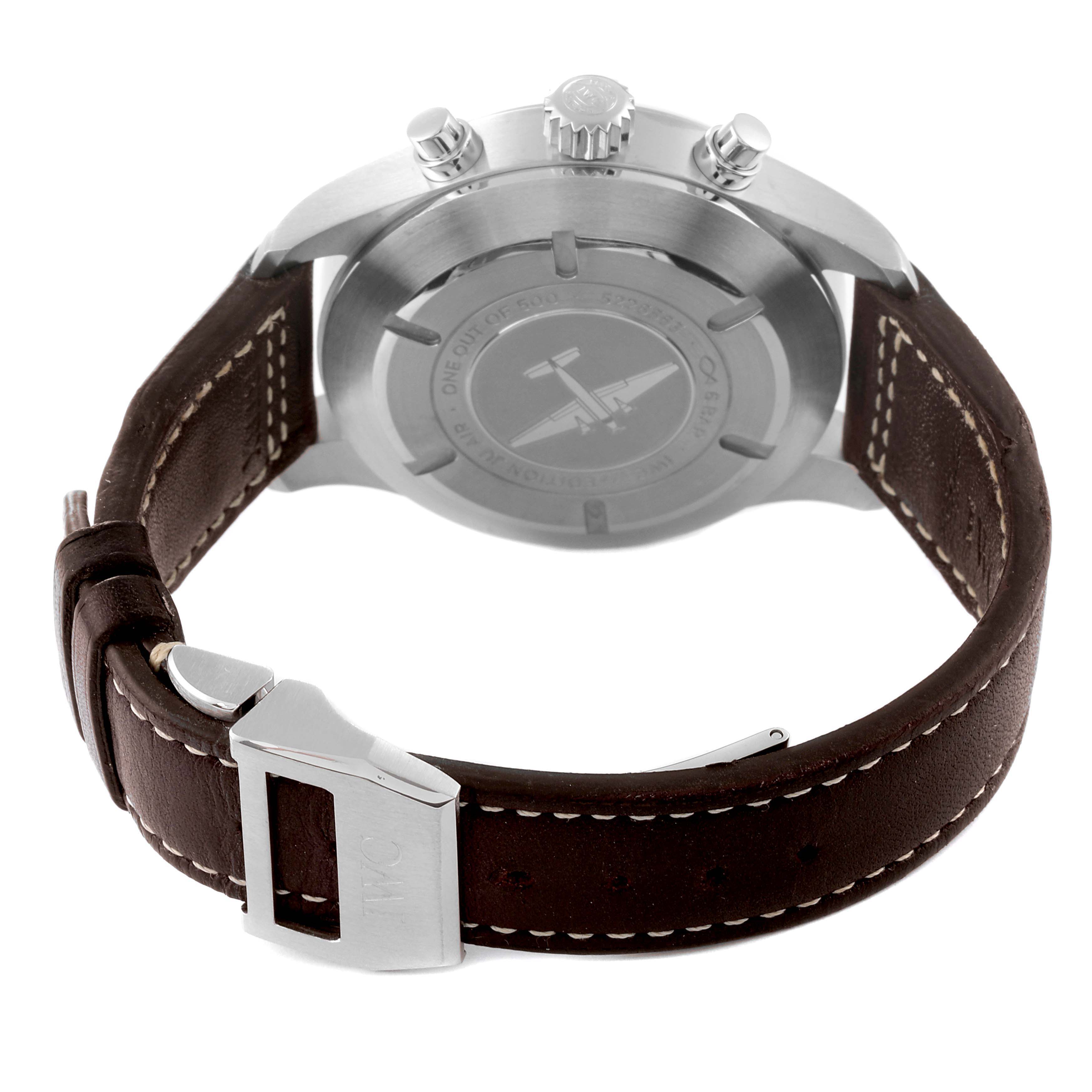 This image shows the back case, crown, pushers, and leather strap of the IWC Pilot IW387809 Men's Stainless Steel Silver Dial IW387809 Men's Stainless Steel Silver Dial model watch.