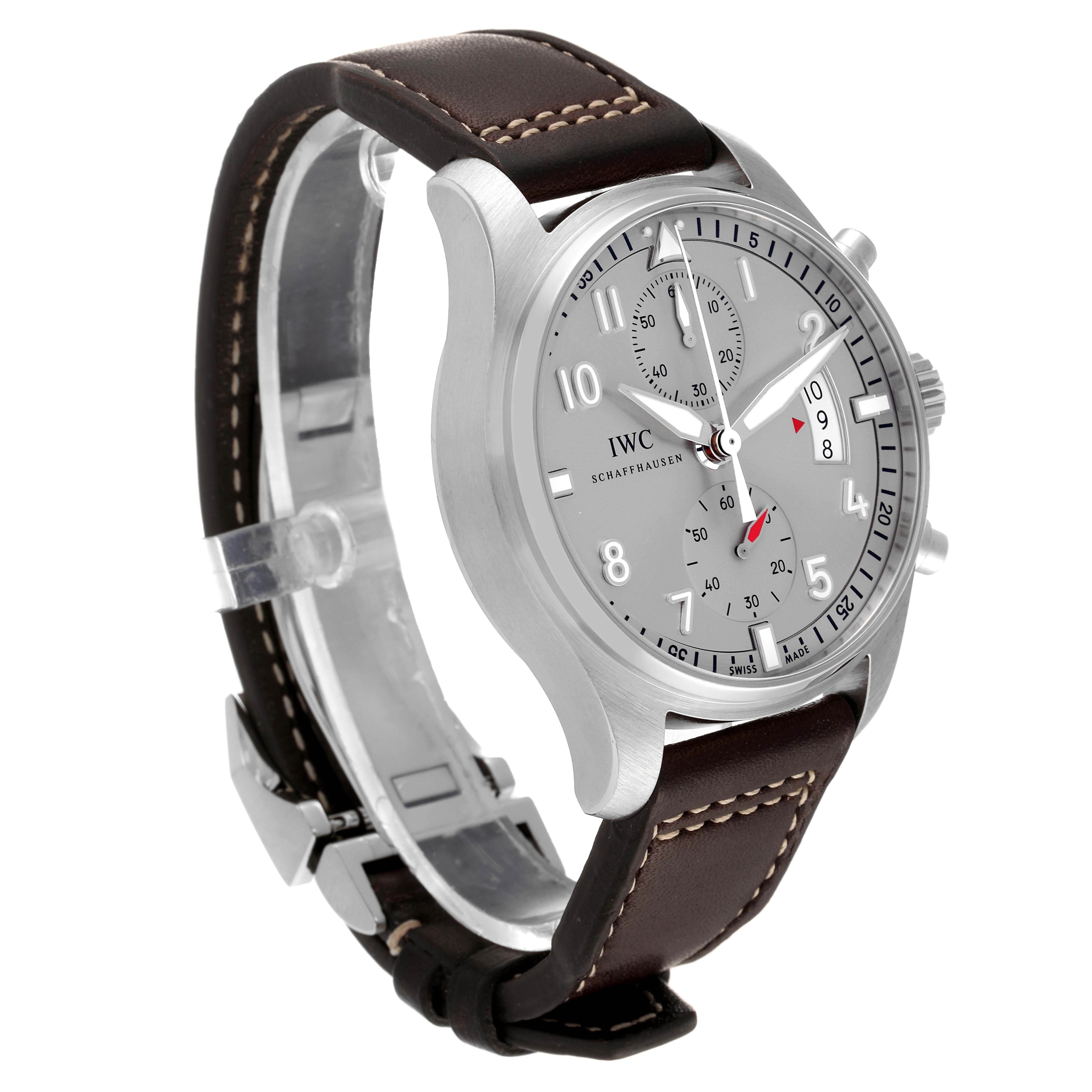 This IWC Pilot IW387809 Men's Stainless Steel Silver Dial IW387809 Men's Stainless Steel Silver Dial watch is shown at a slight angle displaying the dial, crown, lugs, and leather strap.