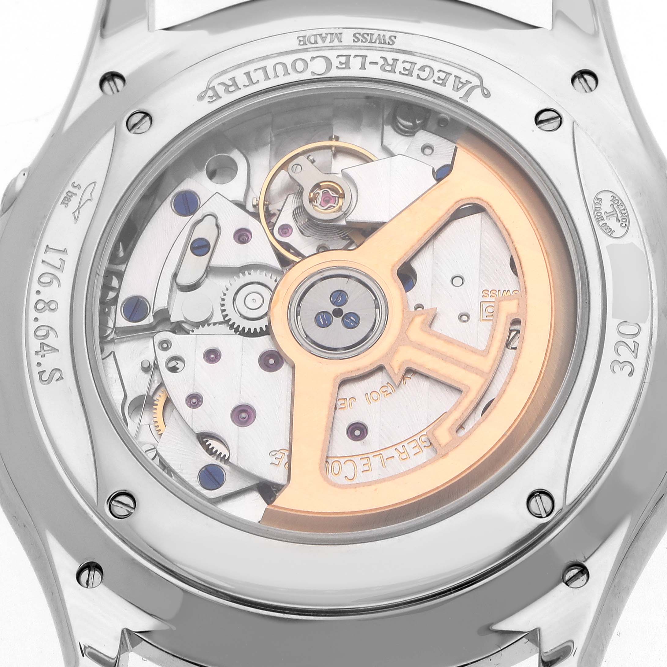 The image shows the back view of the Jaeger LeCoultre Master 176.8.64.S / Q1368470 Men's Stainless Steel Black Dial, highlighting its intricate movement and rotor.