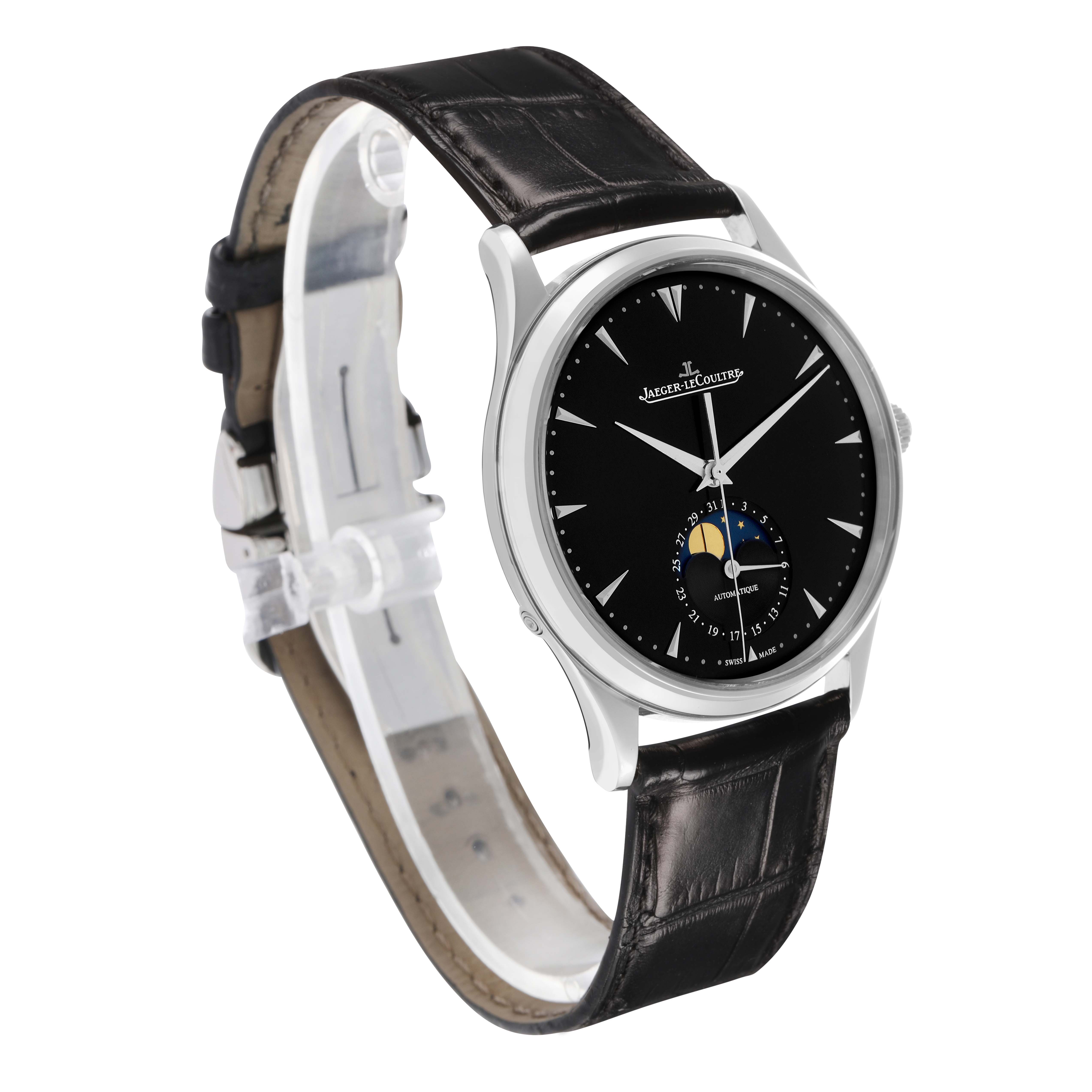 The Jaeger LeCoultre Master 176.8.64.S / Q1368470 Men's Stainless Steel Black Dial watch is shown at a three-quarter angle, highlighting the black dial, moon phase, and leather strap.