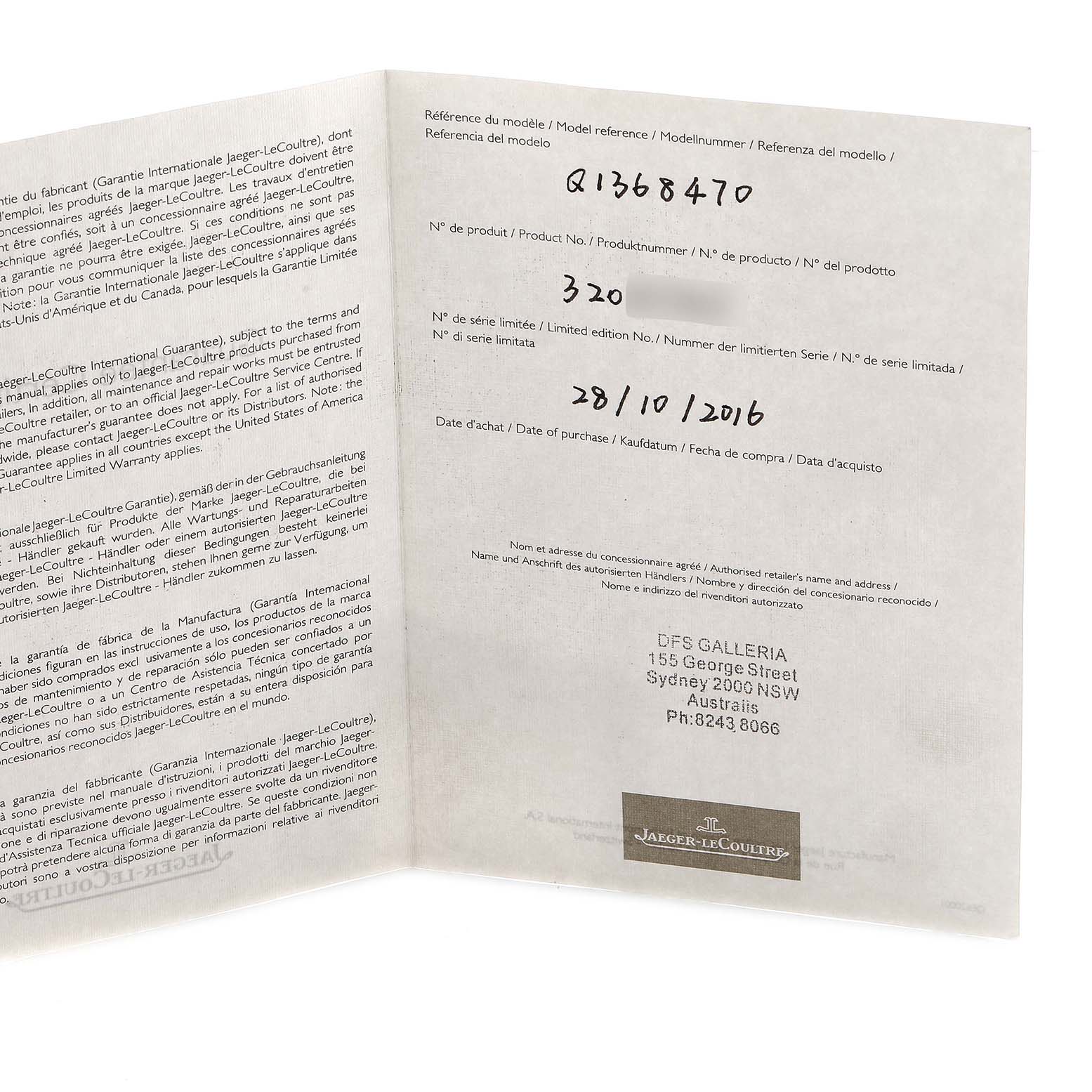 The image shows an open warranty booklet for the Jaeger LeCoultre Master 176.8.64.S / Q1368470 Men's Stainless Steel Black Dial watch, displaying purchase details and brand logo.