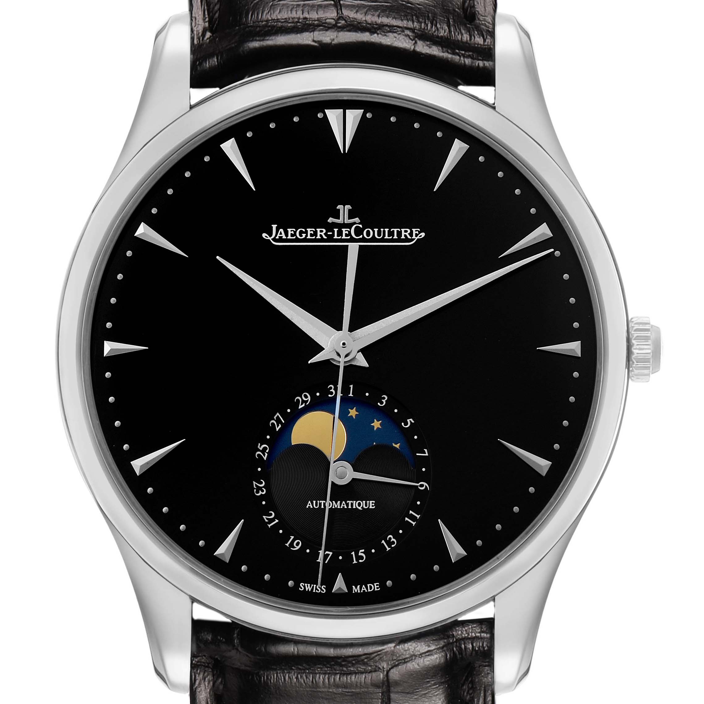 The Jaeger LeCoultre Master 176.8.64.S / Q1368470 Men's Stainless Steel Black Dial watch is shown from the front, highlighting the dial, moon phase, date, and hands.