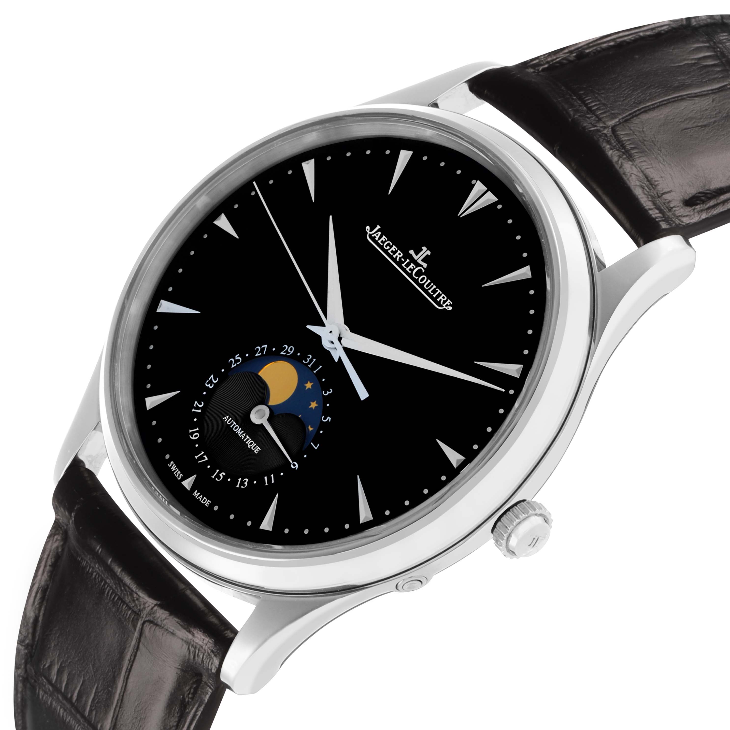 The Jaeger LeCoultre Master 176.8.64.S / Q1368470 Men's Stainless Steel Black Dial watch is shown at an oblique angle, displaying the dial, crown, and moon phase indicator on a leather strap.