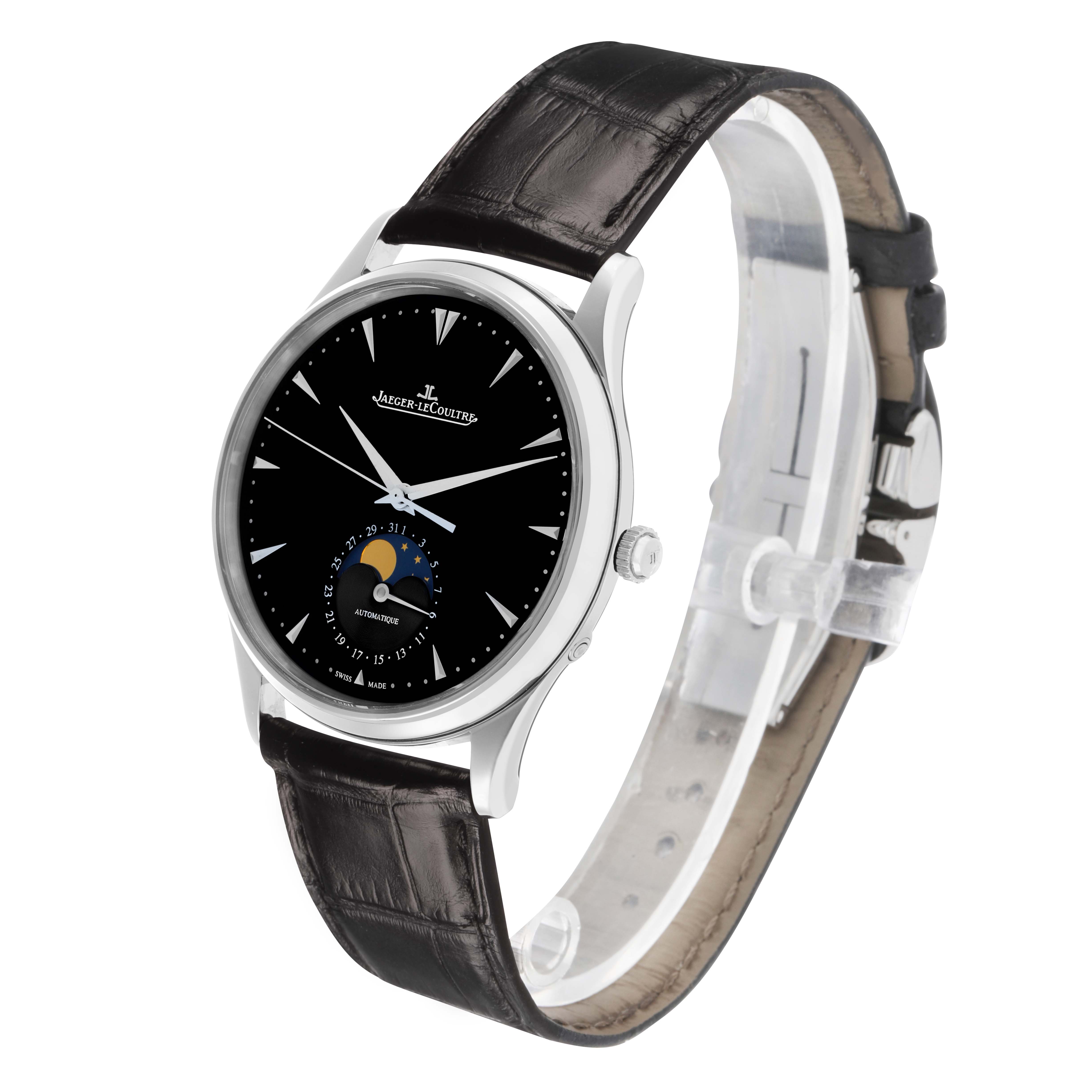The watch is a Jaeger LeCoultre Master 176.8.64.S / Q1368470 Men's Stainless Steel Black Dial model, shown at a slight side angle, displaying the face, strap, and moon phase complication.