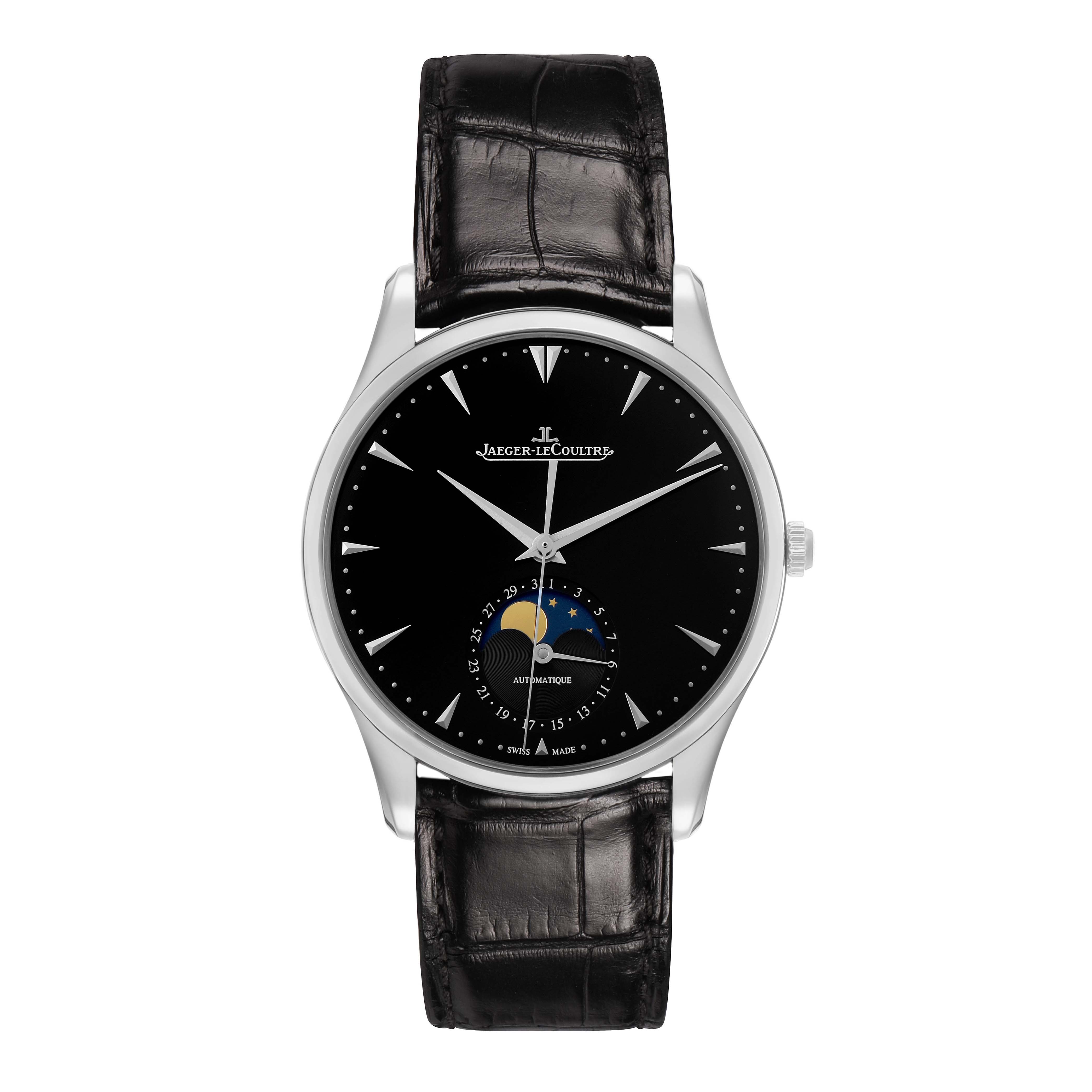 The Jaeger-LeCoultre Master watch is shown from the front, displaying the dial, moon phase, and leather strap.