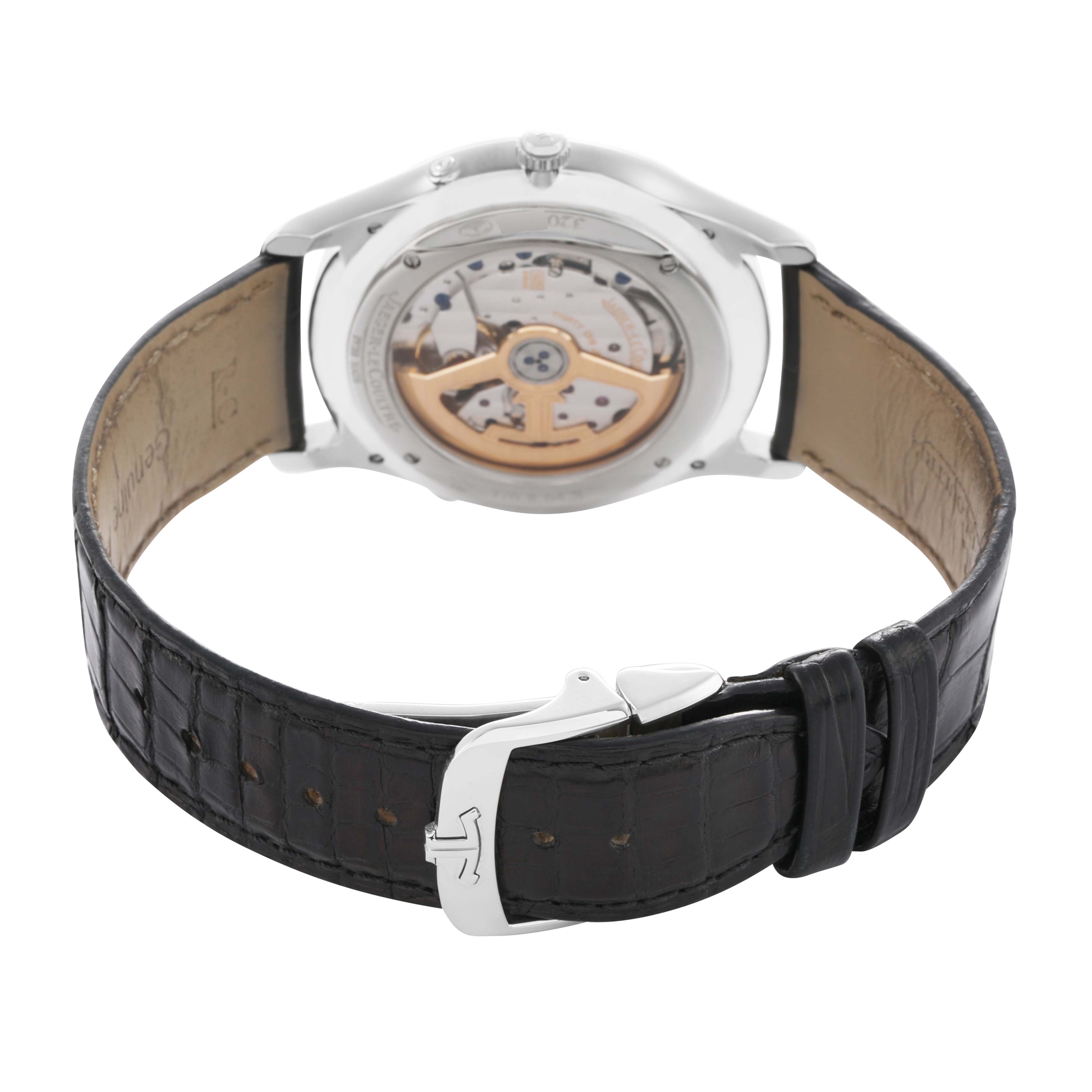 The Jaeger-LeCoultre Master model is shown from the back, highlighting the transparent case back and leather strap.