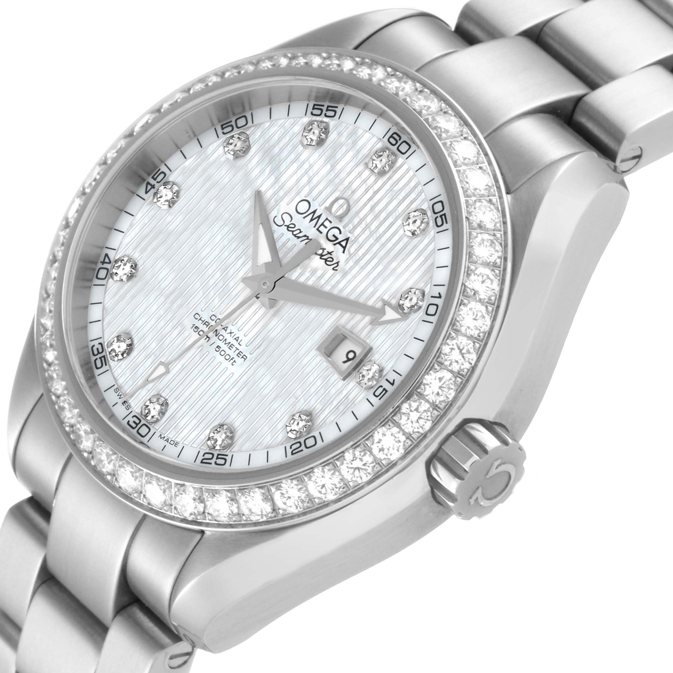 The image shows a close-up of the dial, bezel, and part of the bracelet of the Omega 231.15.34.20.55.001 Women's Stainless Steel Mother of Pearl Dial 231.15.34.20.55.001 Women's Stainless Steel Mother of Pearl Dial Aqua Terra Mother of Pearl Steel Diamond Ladies Watch model 231.15.34.20.55.001.