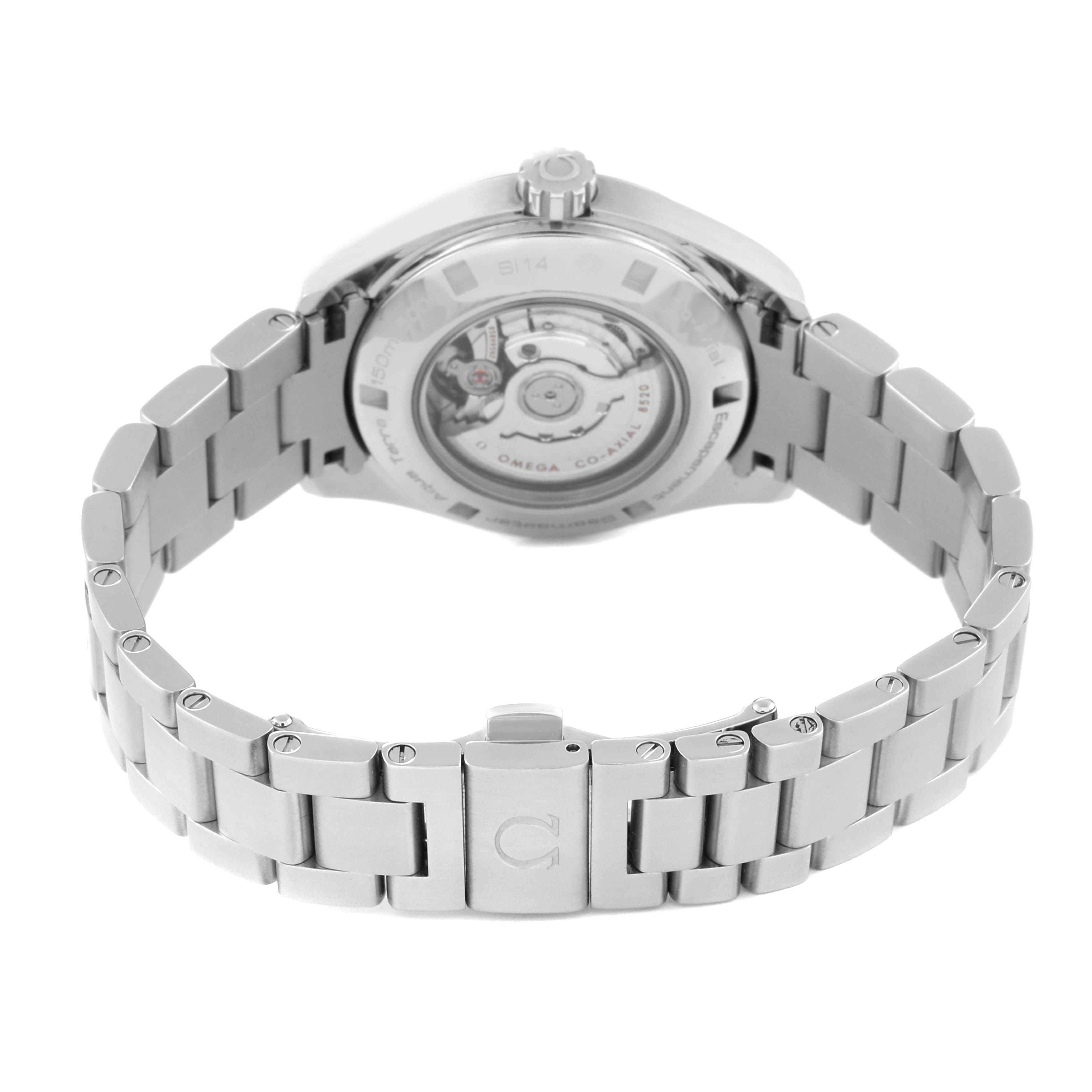 The image shows the Omega 231.15.34.20.55.001 Women's Stainless Steel Mother of Pearl Dial 231.15.34.20.55.001 Women's Stainless Steel Mother of Pearl Dial Aqua Terra Mother of Pearl Steel Diamond Ladies Watch 231.15.34.20.55.001 from the back, showcasing the bracelet and case back.