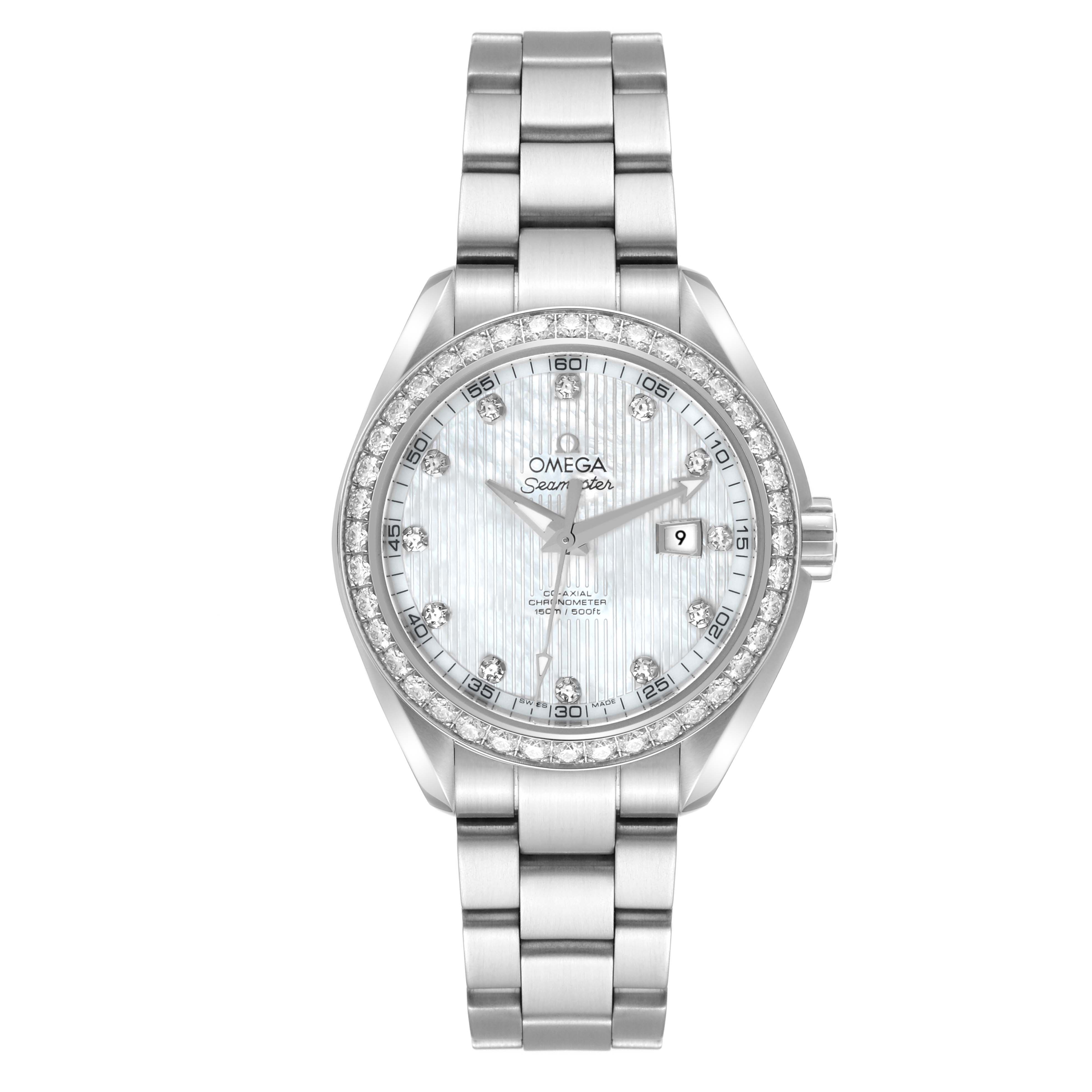 The Omega 231.15.34.20.55.001 Women's Stainless Steel Mother of Pearl Dial 231.15.34.20.55.001 Women's Stainless Steel Mother of Pearl Dial Aqua Terra Mother of Pearl Steel Diamond Ladies Watch model 231.15.34.20.55.001 is shown from a front angle displaying its face and bracelet.