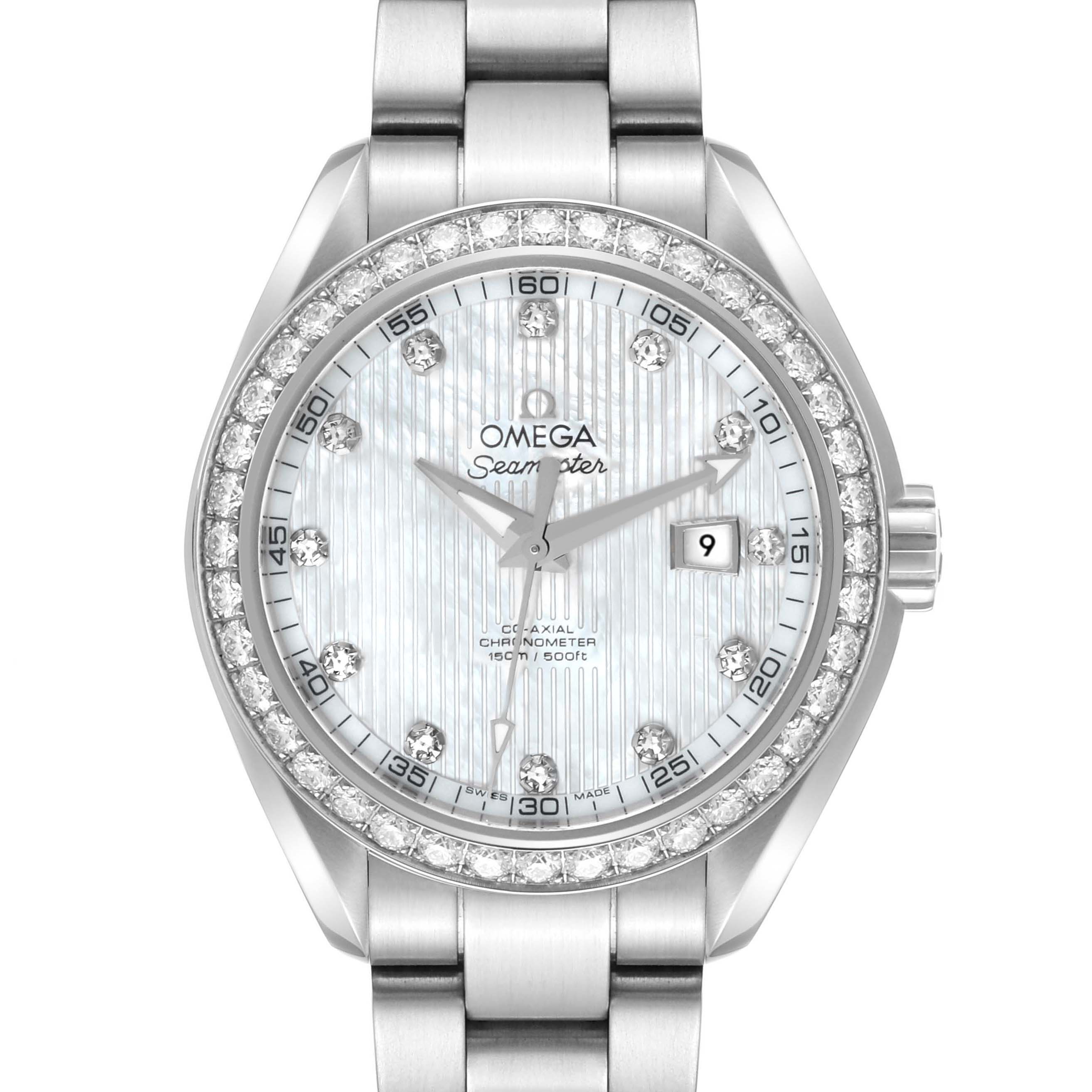 The image shows the front view of the Omega 231.15.34.20.55.001 Women's Stainless Steel Mother of Pearl Dial 231.15.34.20.55.001 Women's Stainless Steel Mother of Pearl Dial Aqua Terra Mother of Pearl Steel Diamond Ladies Watch 231.15.34.20.55.001.