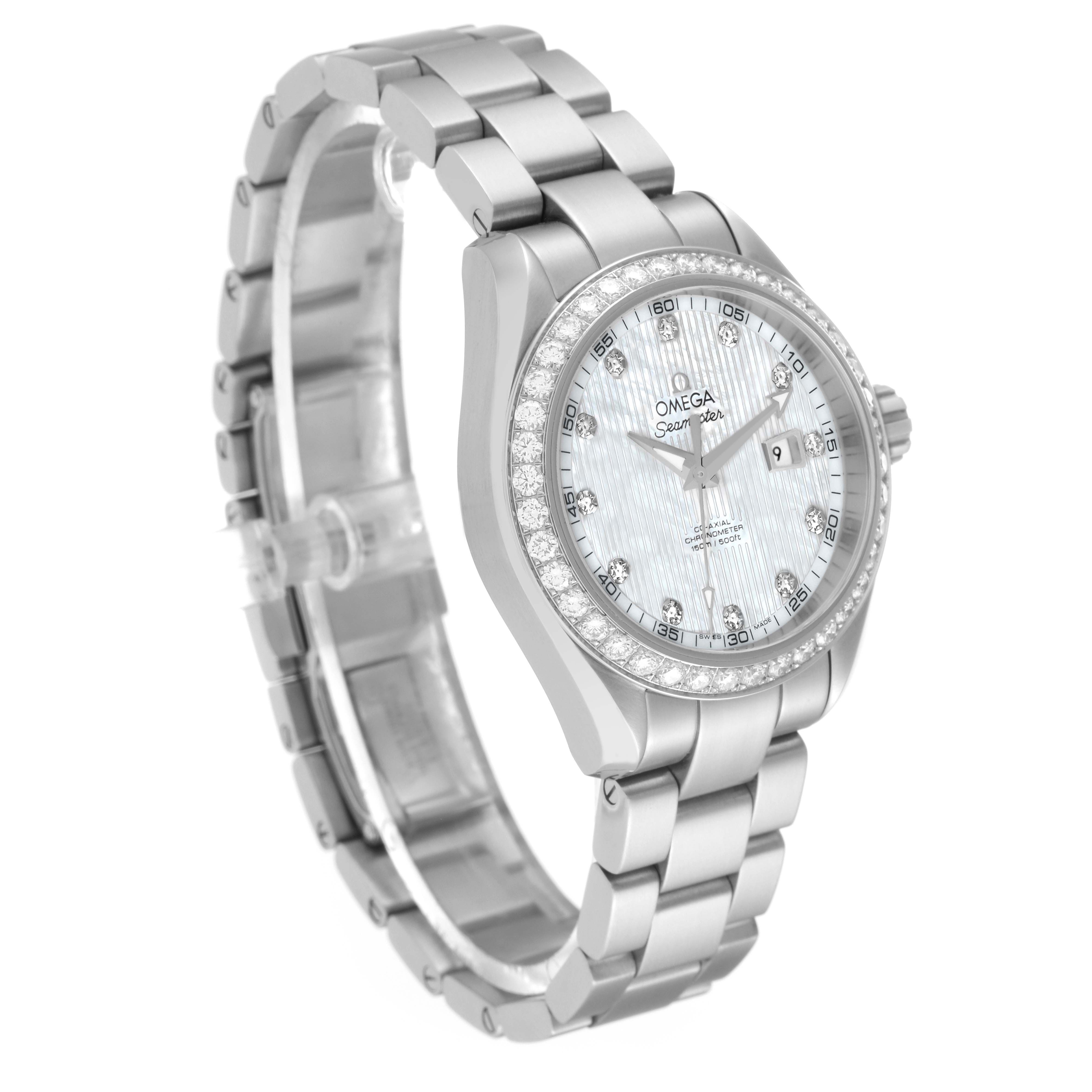 The image shows a side angle view of the Omega 231.15.34.20.55.001 Women's Stainless Steel Mother of Pearl Dial 231.15.34.20.55.001 Women's Stainless Steel Mother of Pearl Dial Aqua Terra Mother of Pearl Steel Diamond Ladies Watch 231.15.34.20.55.001, highlighting the band and face.