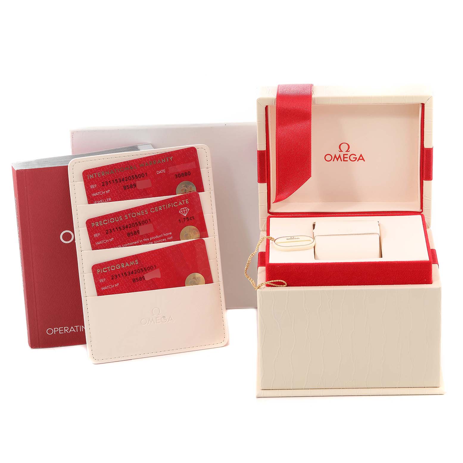 The image shows the box, cards, and paperwork for the Omega 231.15.34.20.55.001 Women's Stainless Steel Mother of Pearl Dial 231.15.34.20.55.001 Women's Stainless Steel Mother of Pearl Dial Aqua Terra Mother of Pearl Steel Diamond Ladies Watch model 231.15.34.20.55.001.