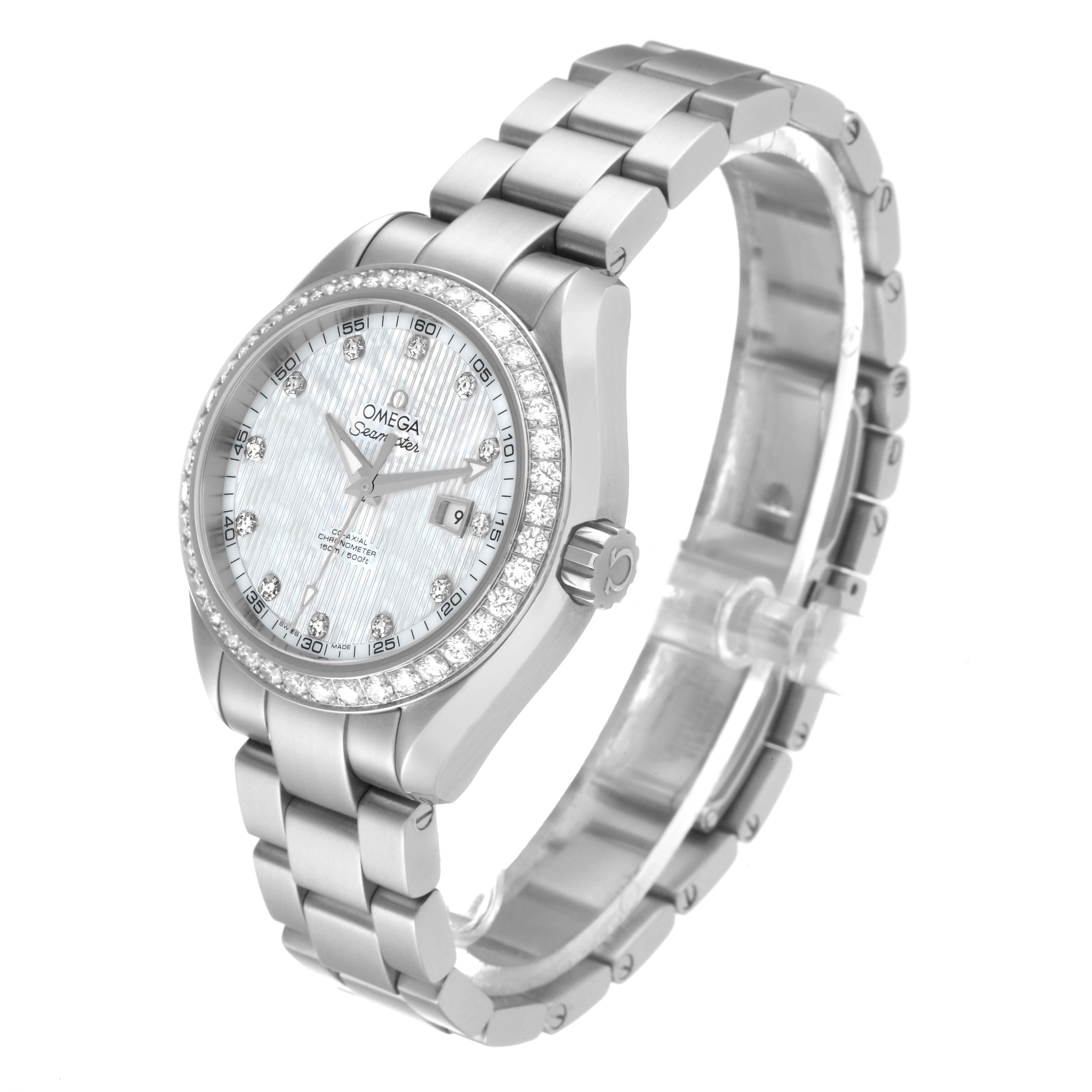 The image shows the Omega 231.15.34.20.55.001 Women's Stainless Steel Mother of Pearl Dial 231.15.34.20.55.001 Women's Stainless Steel Mother of Pearl Dial Aqua Terra Mother of Pearl Steel Diamond Ladies Watch, highlighting the face, bezel, and bracelet at an angled side view.