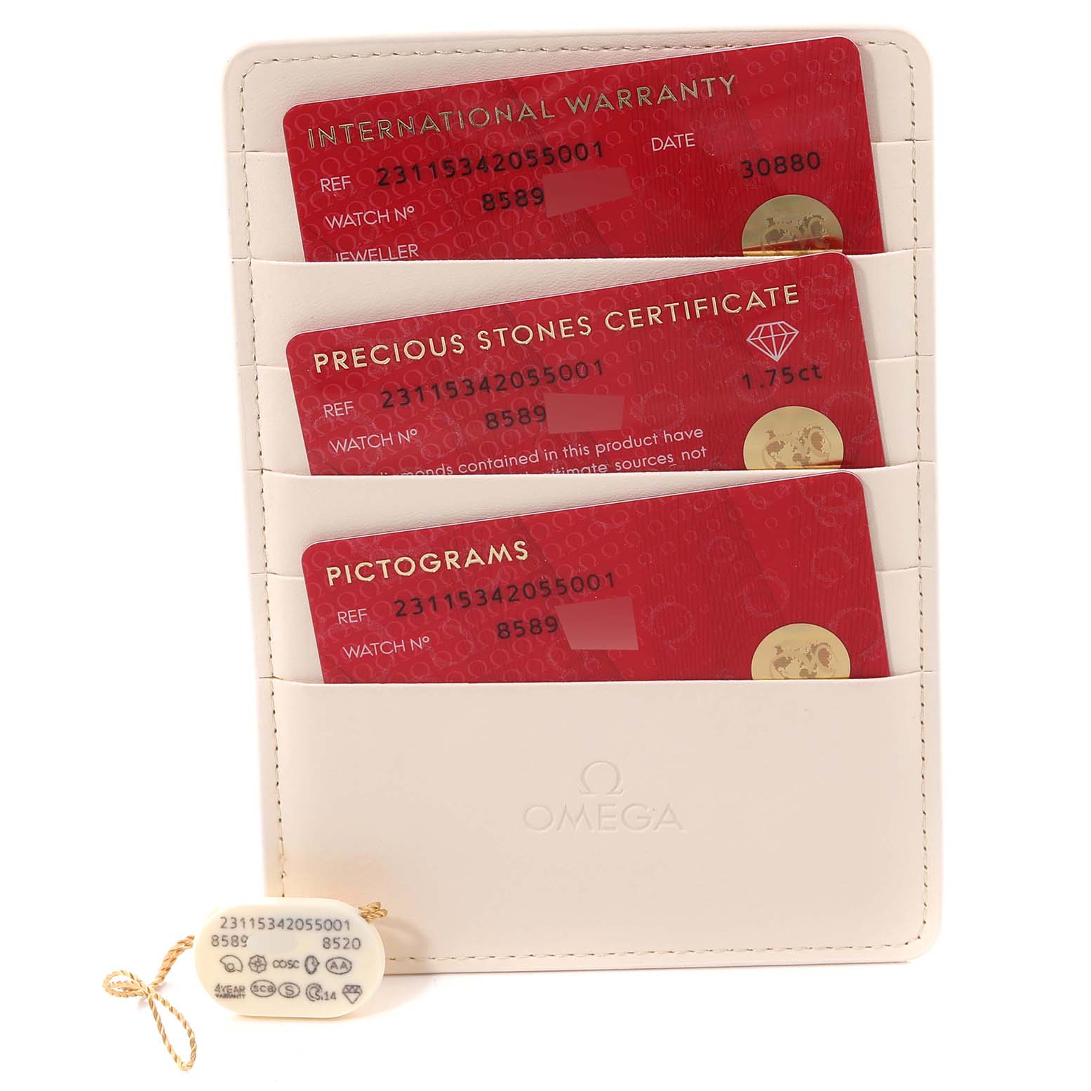 The image shows the warranty cards and tags associated with the Omega 231.15.34.20.55.001 Women's Stainless Steel Mother of Pearl Dial 231.15.34.20.55.001 Women's Stainless Steel Mother of Pearl Dial Aqua Terra Mother of Pearl Steel Diamond Ladies Watch 231.15.34.20.55.001.