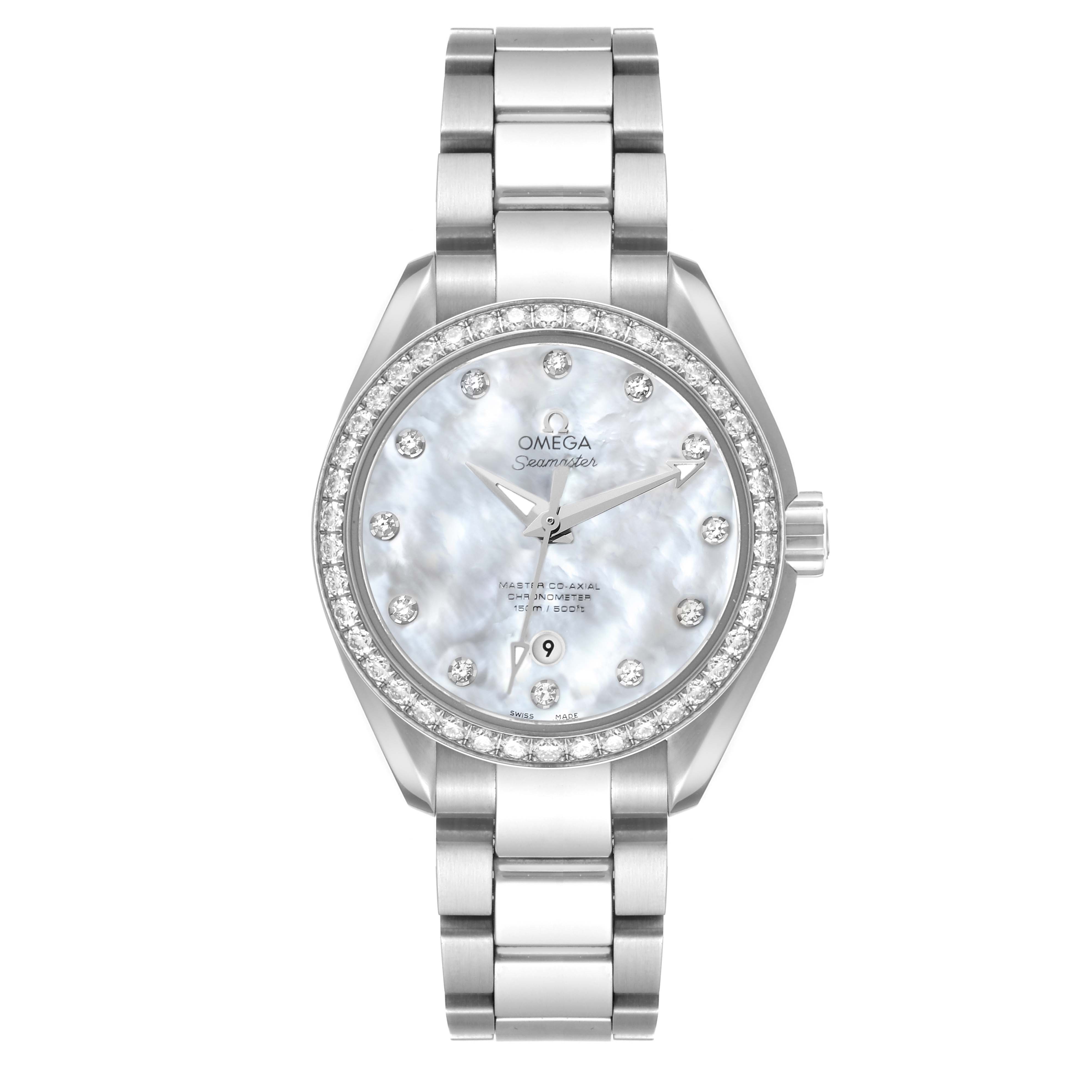 The image shows a front view of the Omega 231.15.34.20.55.002 Women's Stainless Steel Mother of Pearl Dial 231.15.34.20.55.002 Women's Stainless Steel Mother of Pearl Dial Aqua Terra Mother of Pearl Steel Diamond Ladies Watch model 231.15.34.20.55.002.