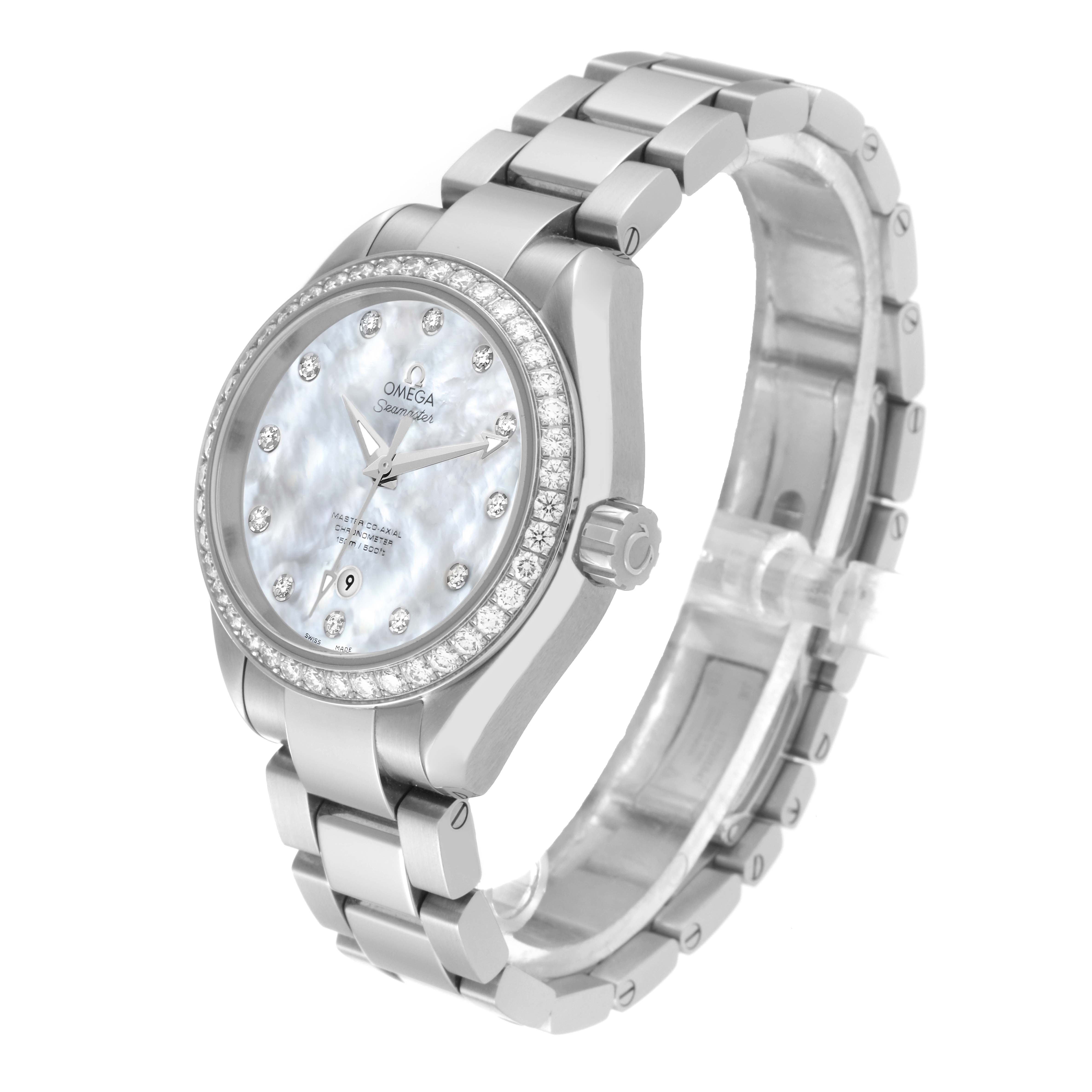 The image shows an angled view of the Omega 231.15.34.20.55.002 Women's Stainless Steel Mother of Pearl Dial 231.15.34.20.55.002 Women's Stainless Steel Mother of Pearl Dial Aqua Terra Mother of Pearl Steel Diamond Ladies Watch 231.15.34.20.55.002, highlighting its face and bracelet.