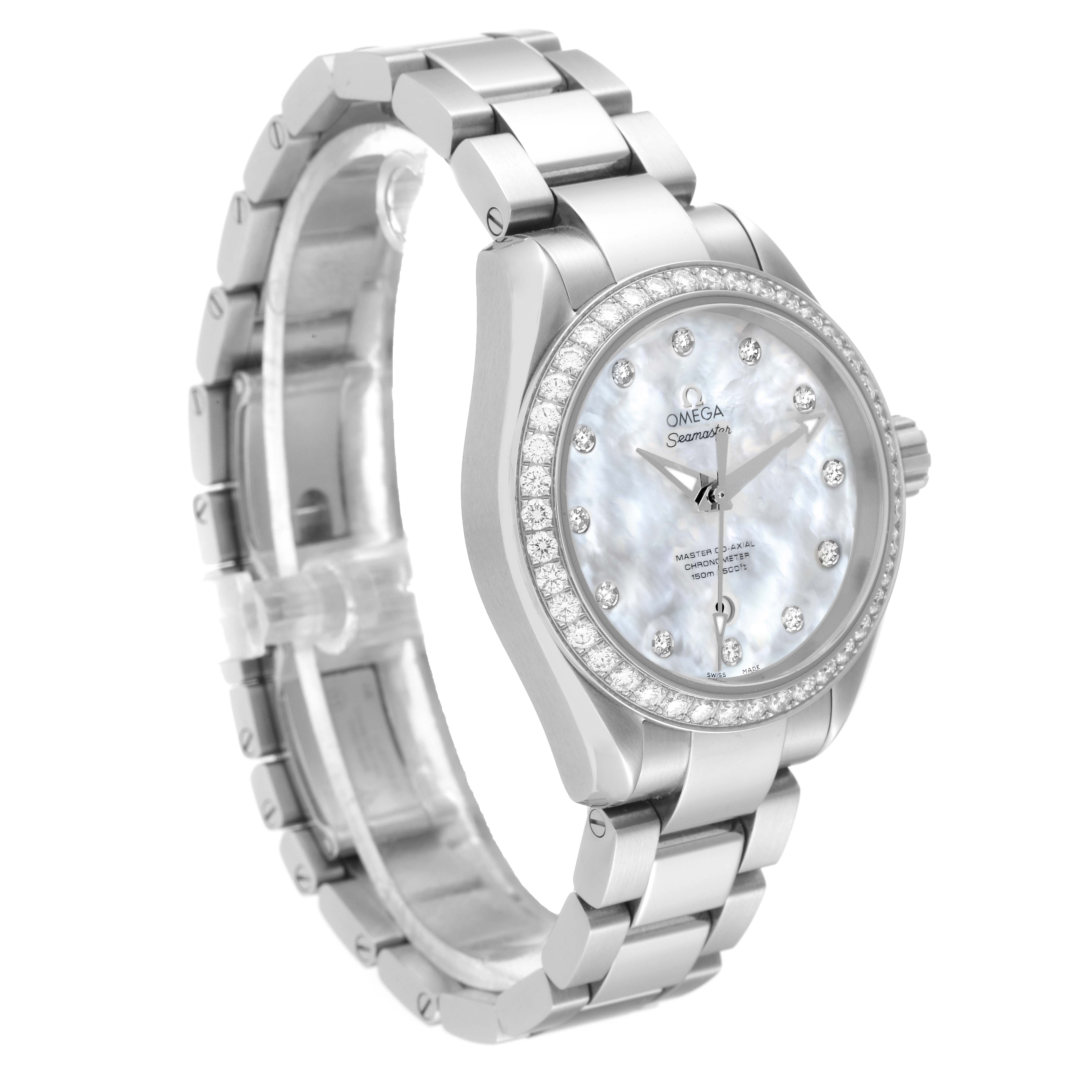 This image shows the Omega 231.15.34.20.55.002 Women's Stainless Steel Mother of Pearl Dial 231.15.34.20.55.002 Women's Stainless Steel Mother of Pearl Dial Aqua Terra Mother of Pearl Steel Diamond Ladies Watch model 231.15.34.20.55.002 at a three-quarter angle.