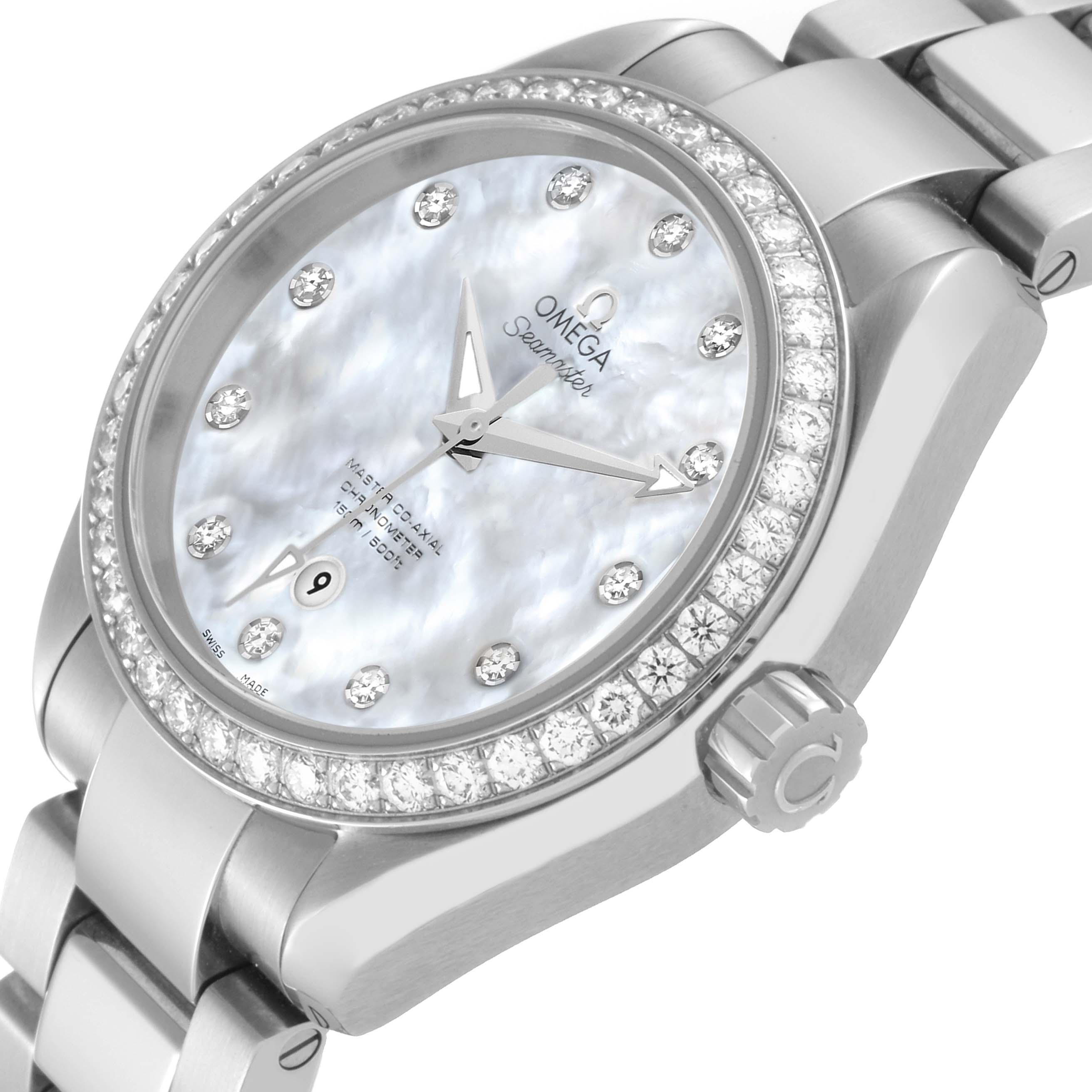 The image shows a close-up angled view of the Omega 231.15.34.20.55.002 Women's Stainless Steel Mother of Pearl Dial 231.15.34.20.55.002 Women's Stainless Steel Mother of Pearl Dial Aqua Terra Mother of Pearl Steel Diamond Ladies Watch 231.15.34.20.55.002, displaying its face and part of the bracelet.