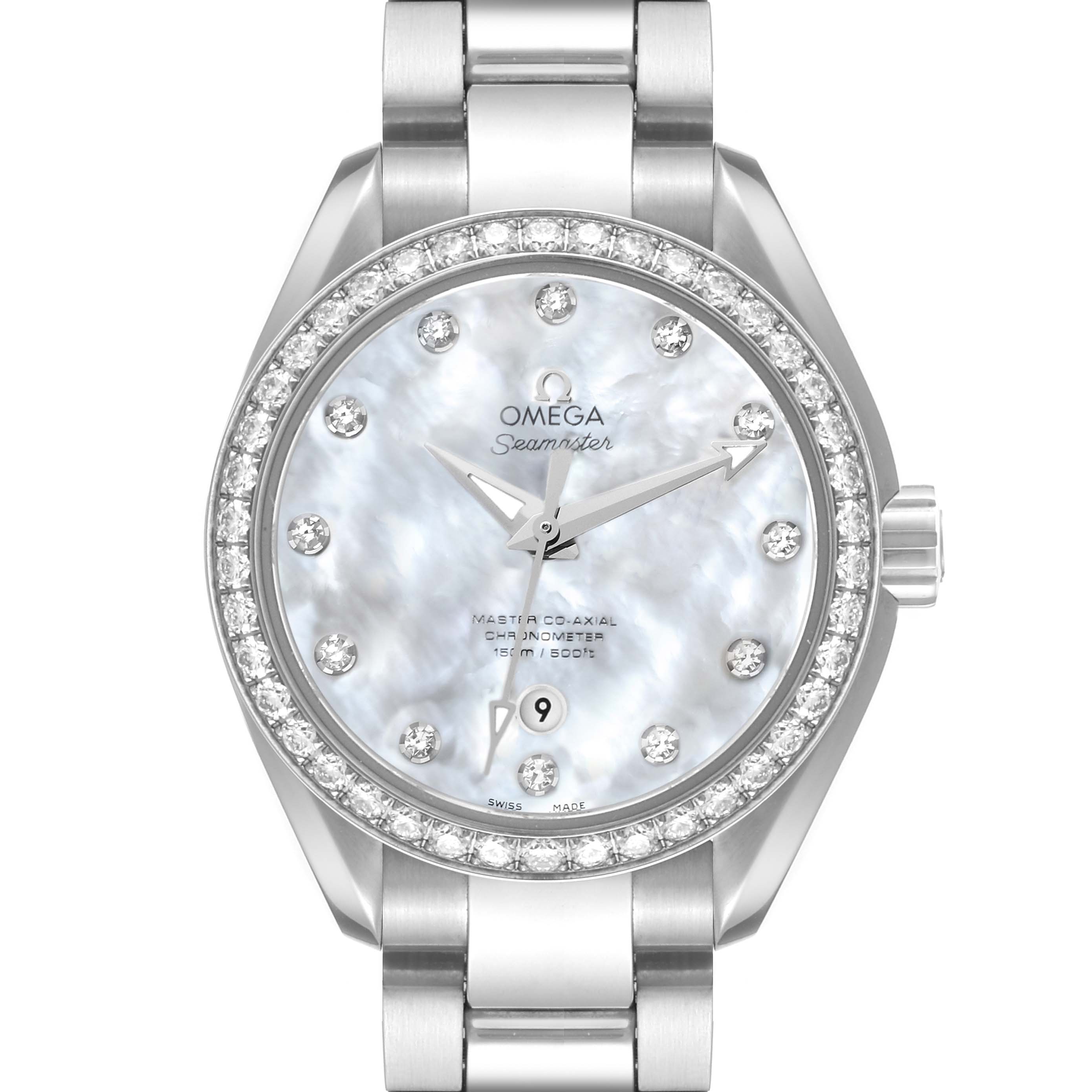 The image shows a front view of the Omega 231.15.34.20.55.002 Women's Stainless Steel Mother of Pearl Dial 231.15.34.20.55.002 Women's Stainless Steel Mother of Pearl Dial Aqua Terra Mother of Pearl Steel Diamond Ladies Watch model 231.15.34.20.55.002.