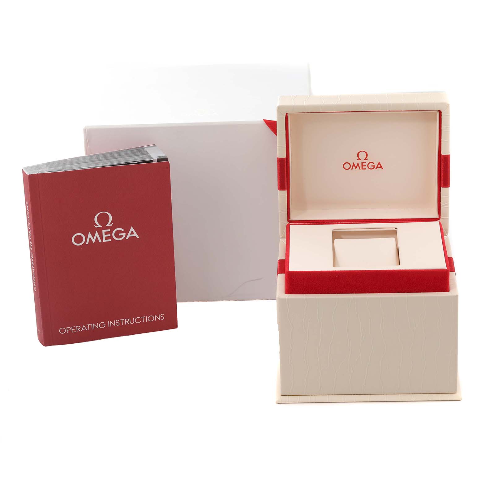 The image shows the packaging, including the white box and red instruction manual, for the Omega 231.15.34.20.55.002 Women's Stainless Steel Mother of Pearl Dial 231.15.34.20.55.002 Women's Stainless Steel Mother of Pearl Dial Aqua Terra Mother of Pearl Steel Diamond Ladies Watch 231.15.34.20.55.002.