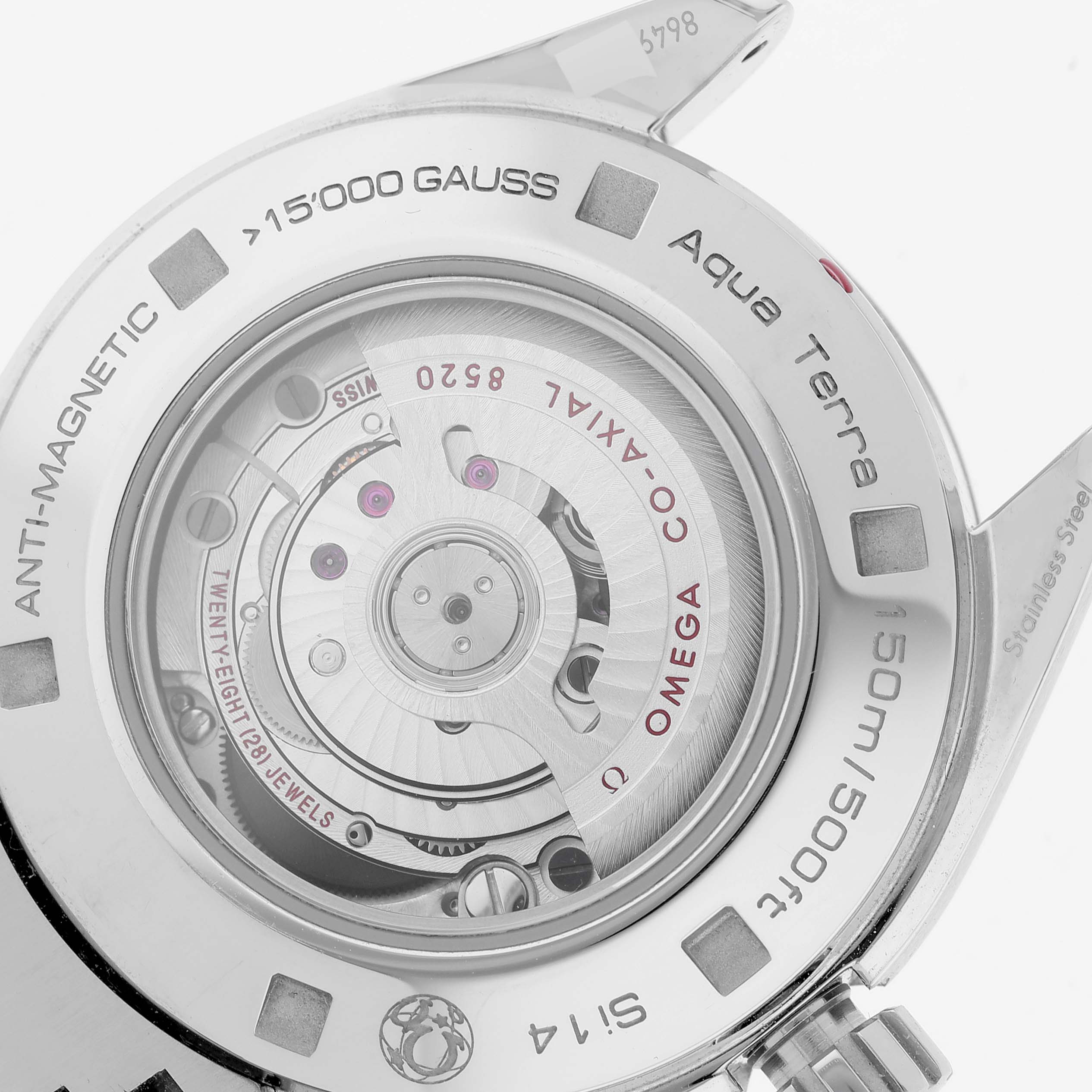 The image shows the back view of the Omega 231.15.34.20.55.002 Women's Stainless Steel Mother of Pearl Dial 231.15.34.20.55.002 Women's Stainless Steel Mother of Pearl Dial Aqua Terra Mother of Pearl Steel Diamond Ladies Watch, model 231.15.34.20.55.002, revealing the internal movement.