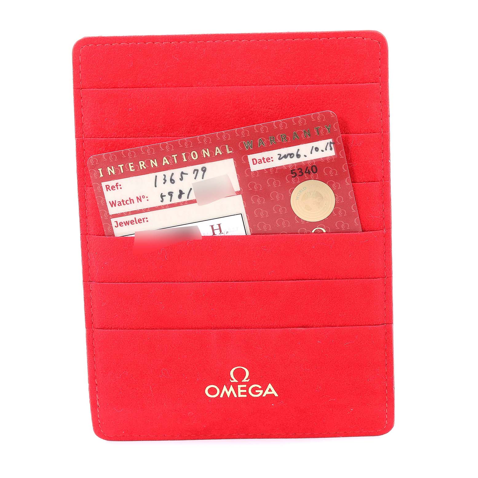 The image shows the warranty card and red cardholder for the Omega 1365.79.00 Women
s Steel and Gold (two tone) Mother of Pearl Dial 1365.79.00 Women
s Steel and Gold (two tone) Mother of Pearl Dial Constellation Iris Steel Rose Gold Multi Stone Watch 1365.79.00.