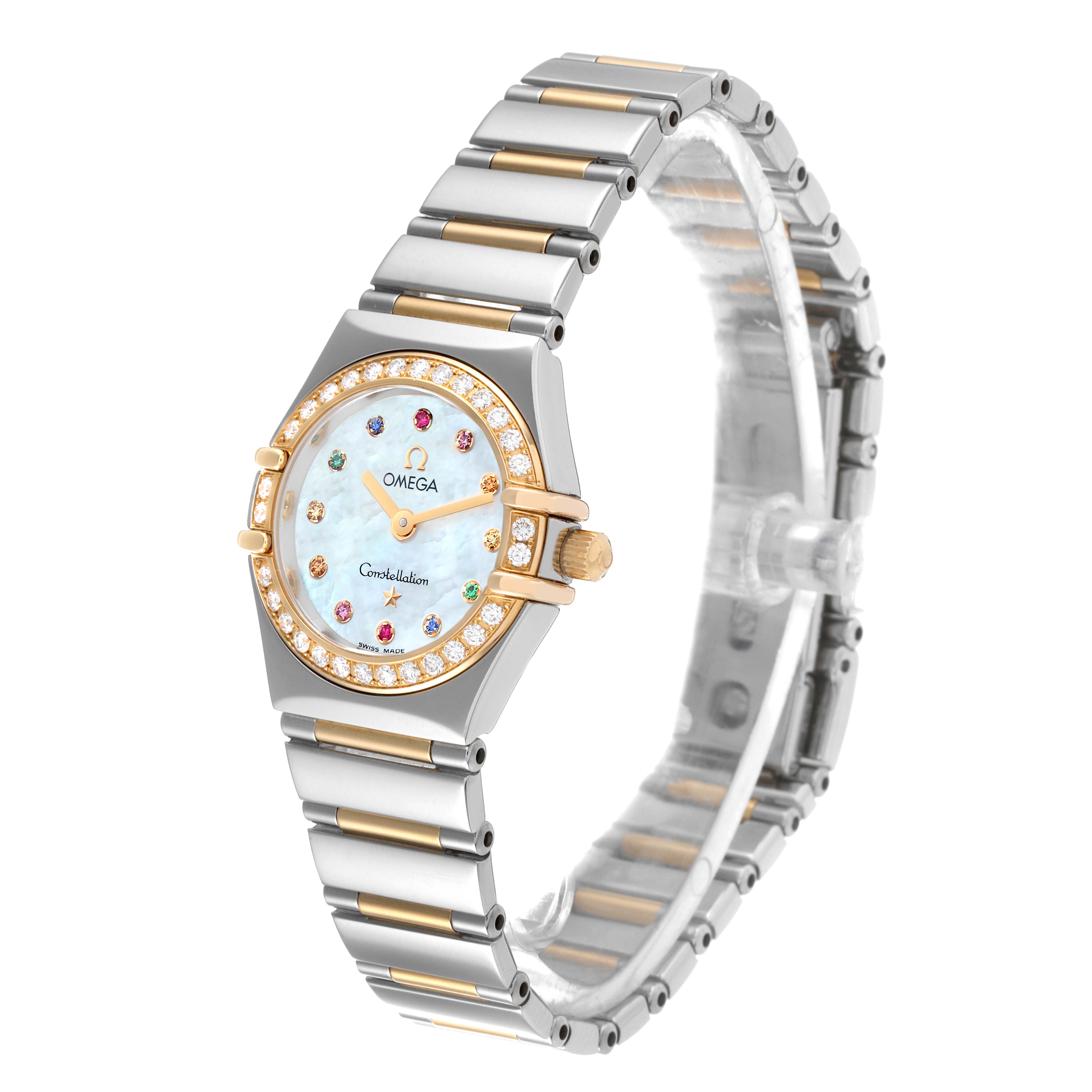 The Omega 1365.79.00 Women
s Steel and Gold (two tone) Mother of Pearl Dial 1365.79.00 Women
s Steel and Gold (two tone) Mother of Pearl Dial Constellation Iris Steel Rose Gold 1365.79.00 watch is shown at an angled view, highlighting the face and bracelet.