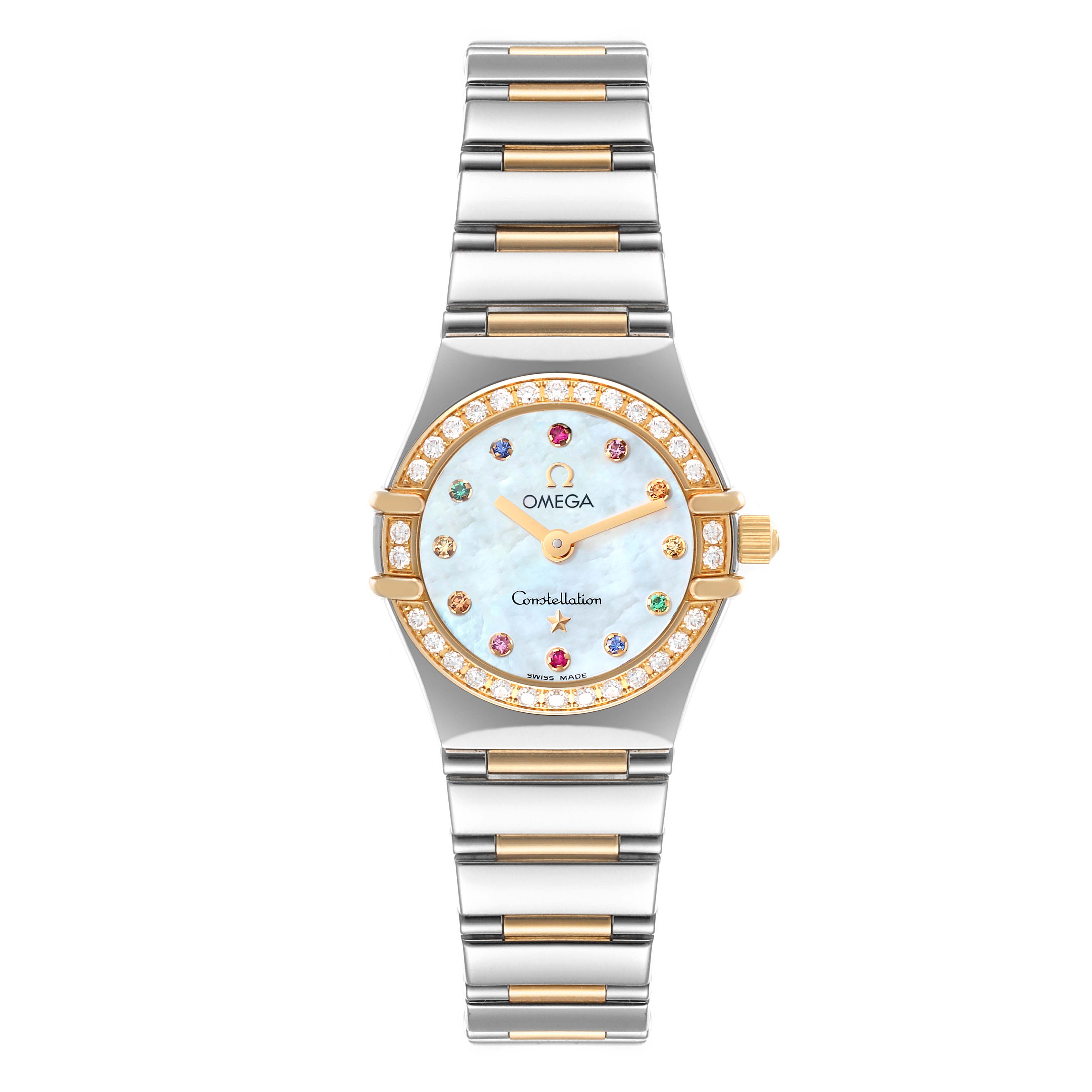 The Omega 1365.79.00 Women
s Steel and Gold (two tone) Mother of Pearl Dial 1365.79.00 Women
s Steel and Gold (two tone) Mother of Pearl Dial Constellation Iris Steel Rose Gold Multi Stone Watch 1365.79.00 is shown from a top-down angle, displaying the face, bezel, and bracelet.
