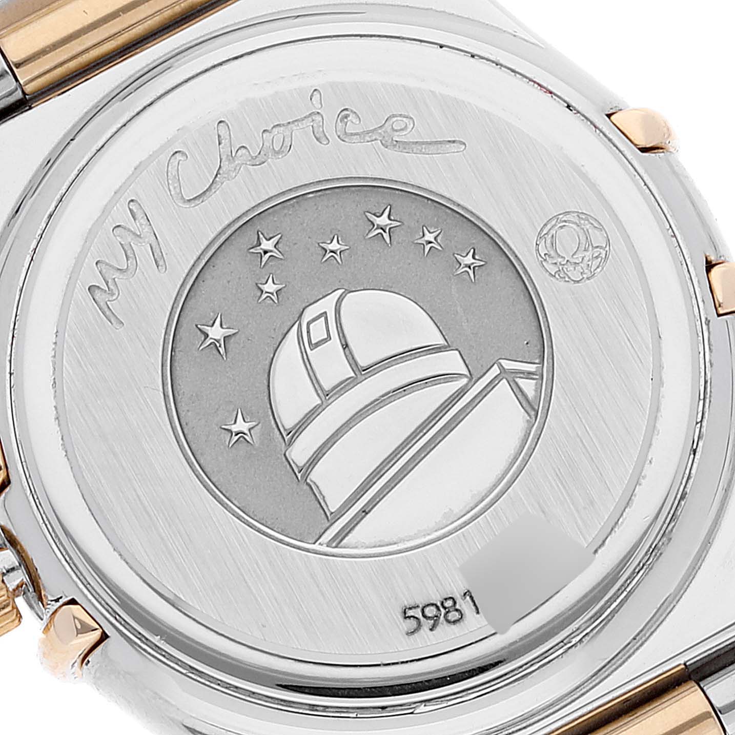 The image shows the case back of an Omega 1365.79.00 Women
s Steel and Gold (two tone) Mother of Pearl Dial 1365.79.00 Women
s Steel and Gold (two tone) Mother of Pearl Dial Constellation Iris Steel Rose Gold Multi Stone Watch, model 1365.79.00.