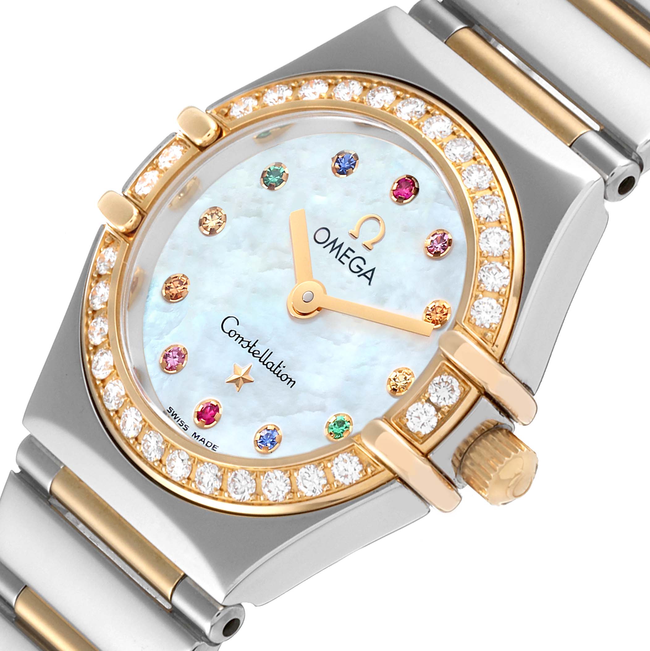 The image shows a close-up angle of the Omega 1365.79.00 Women
s Steel and Gold (two tone) Mother of Pearl Dial 1365.79.00 Women
s Steel and Gold (two tone) Mother of Pearl Dial Constellation Iris Steel Rose Gold Multi Stone Watch 1365.79.00, highlighting the dial and bezel.