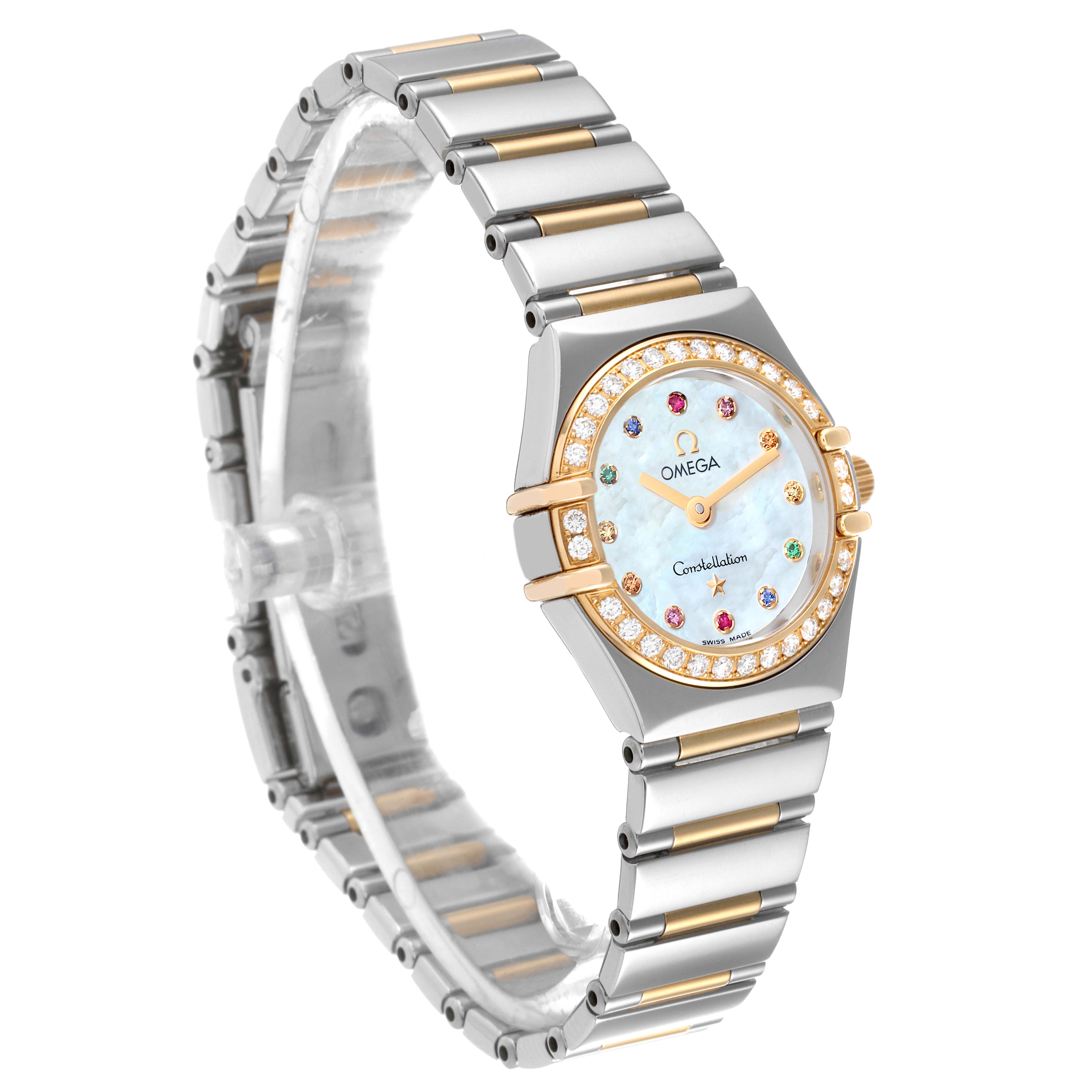The image shows an angled view of the Omega 1365.79.00 Women
s Steel and Gold (two tone) Mother of Pearl Dial 1365.79.00 Women
s Steel and Gold (two tone) Mother of Pearl Dial Constellation Iris Steel Rose Gold Multi Stone Watch 1365.79.00, highlighting its dial and bracelet.