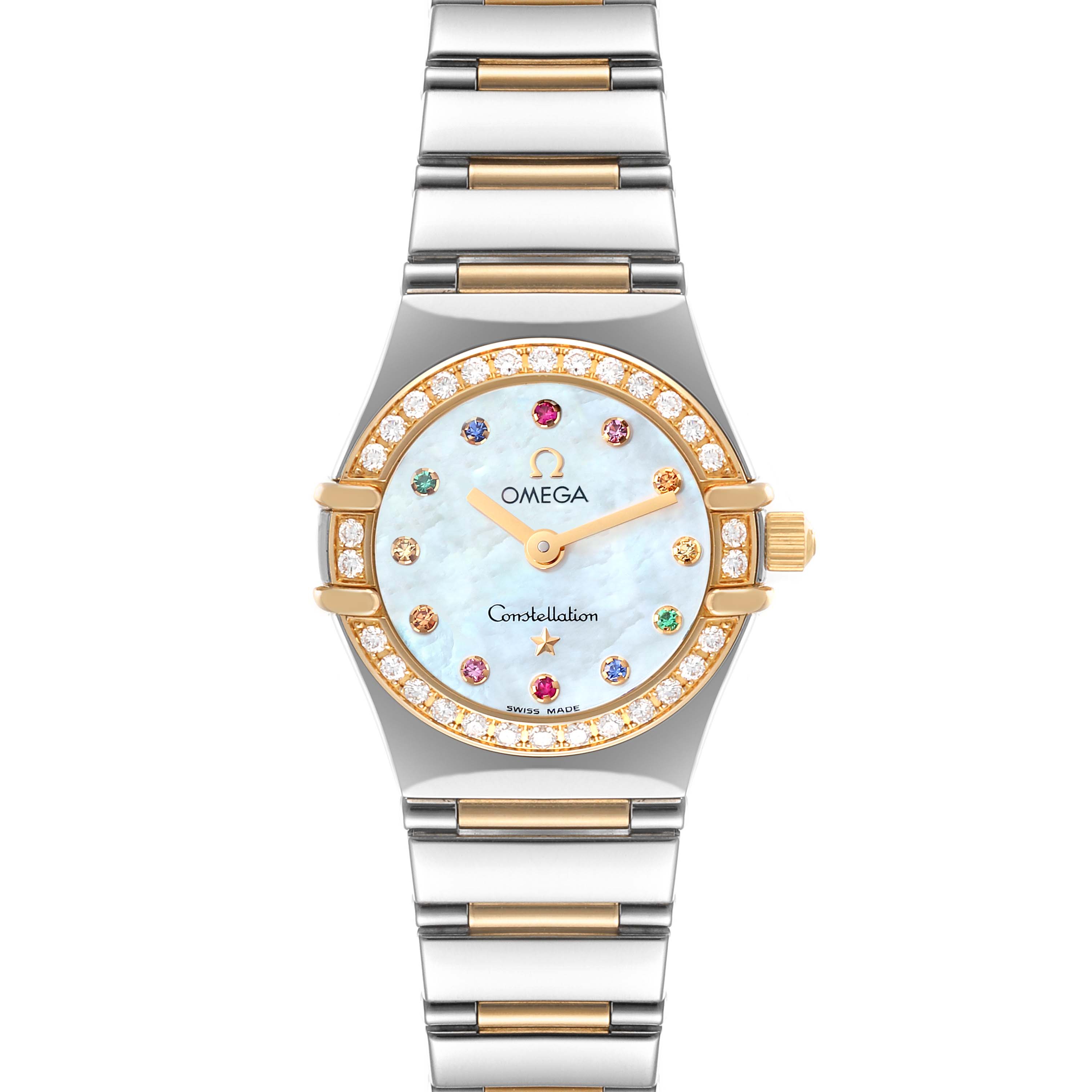 The image shows a front view of the Omega 1365.79.00 Women
s Steel and Gold (two tone) Mother of Pearl Dial 1365.79.00 Women
s Steel and Gold (two tone) Mother of Pearl Dial Constellation Iris Steel Rose Gold Multi Stone Watch, model 1365.79.00.