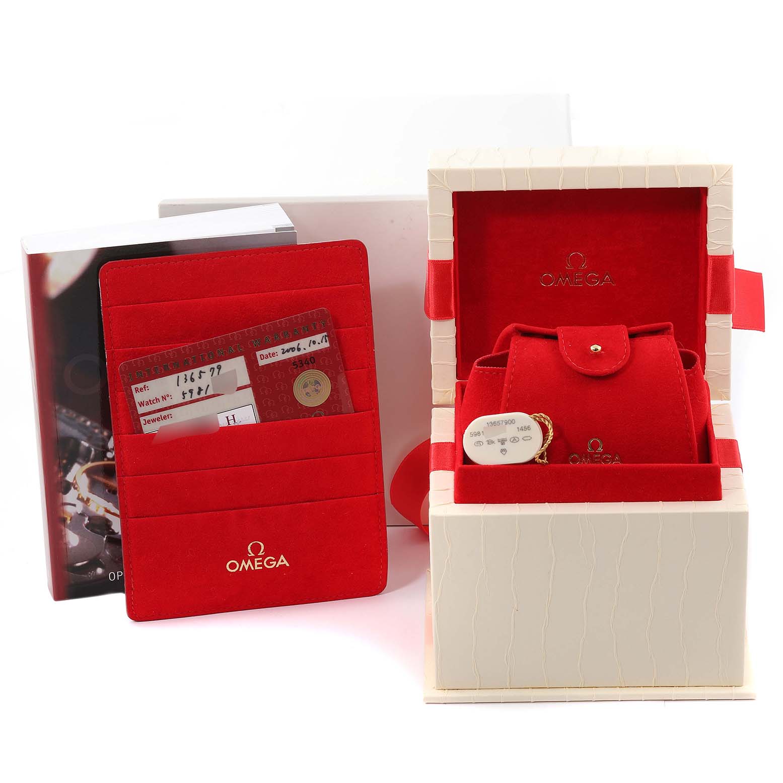 The image shows the Omega 1365.79.00 Women
s Steel and Gold (two tone) Mother of Pearl Dial 1365.79.00 Women
s Steel and Gold (two tone) Mother of Pearl Dial Constellation Iris Steel Rose Gold Multi Stone Watch 1365.79.00, featuring its box, card wallet, and packaging.