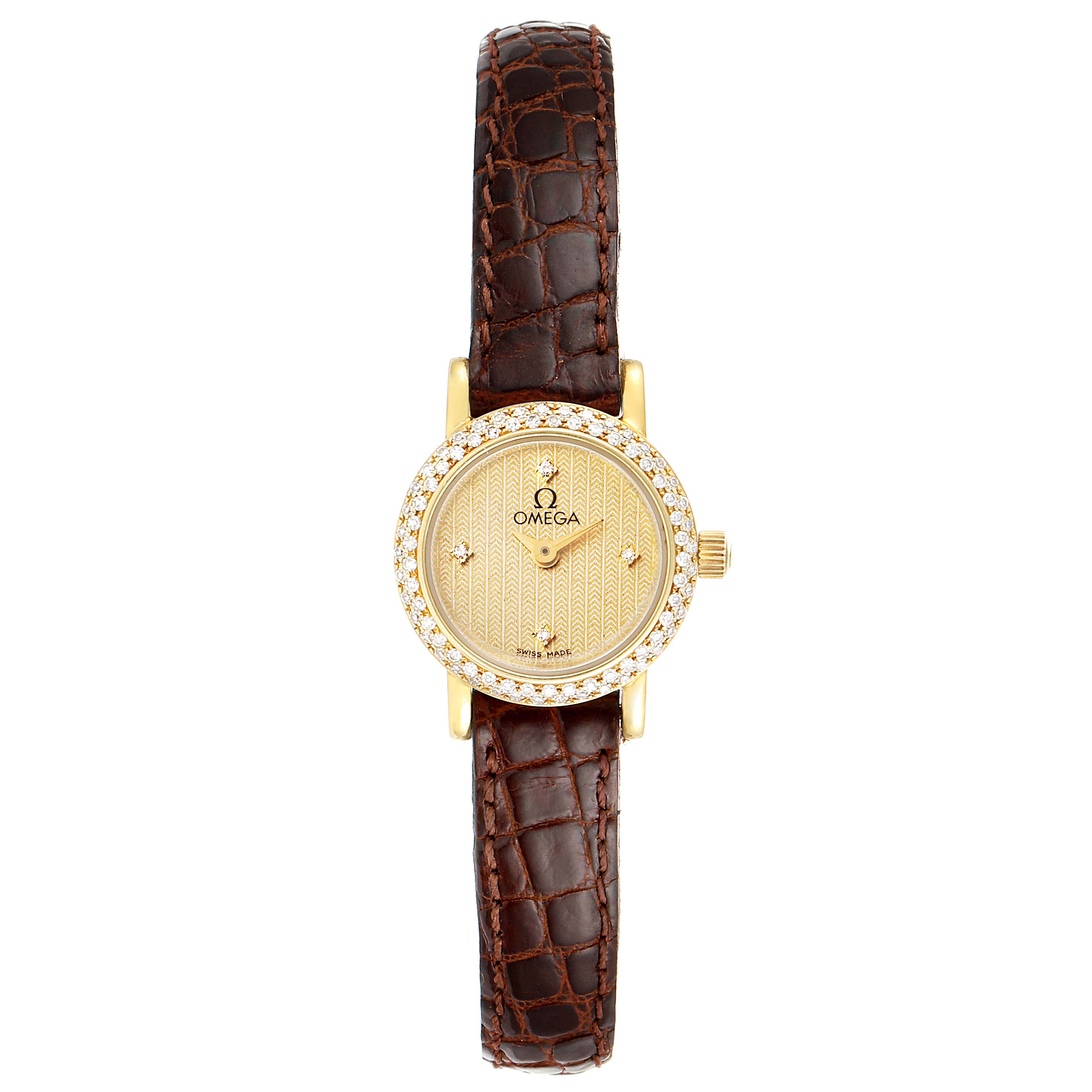 The image shows a front view of the Omega 1450 Women's Yellow Gold Champagne Dial 1450 Women's Yellow Gold Champagne Dial DeVille Mini Yellow Gold Diamond Cocktail Ladies Watch 1450 with a brown leather strap.